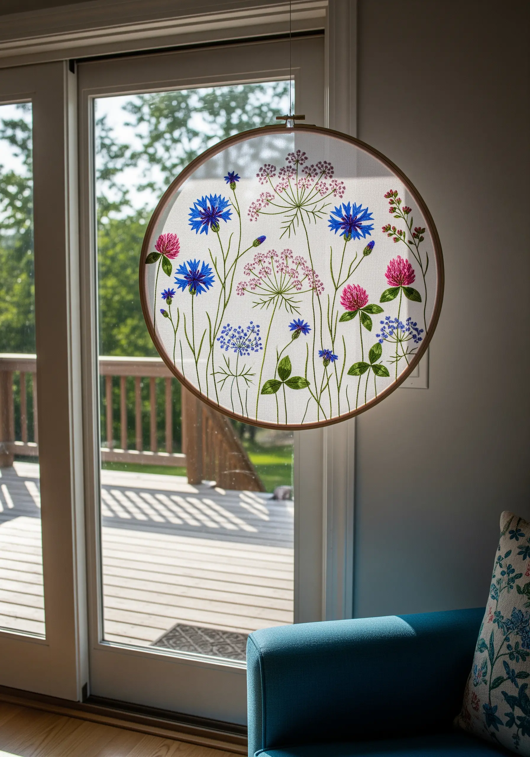 Wildflower embroidery on sheer organza fabric, creating a delicate, floating effect.