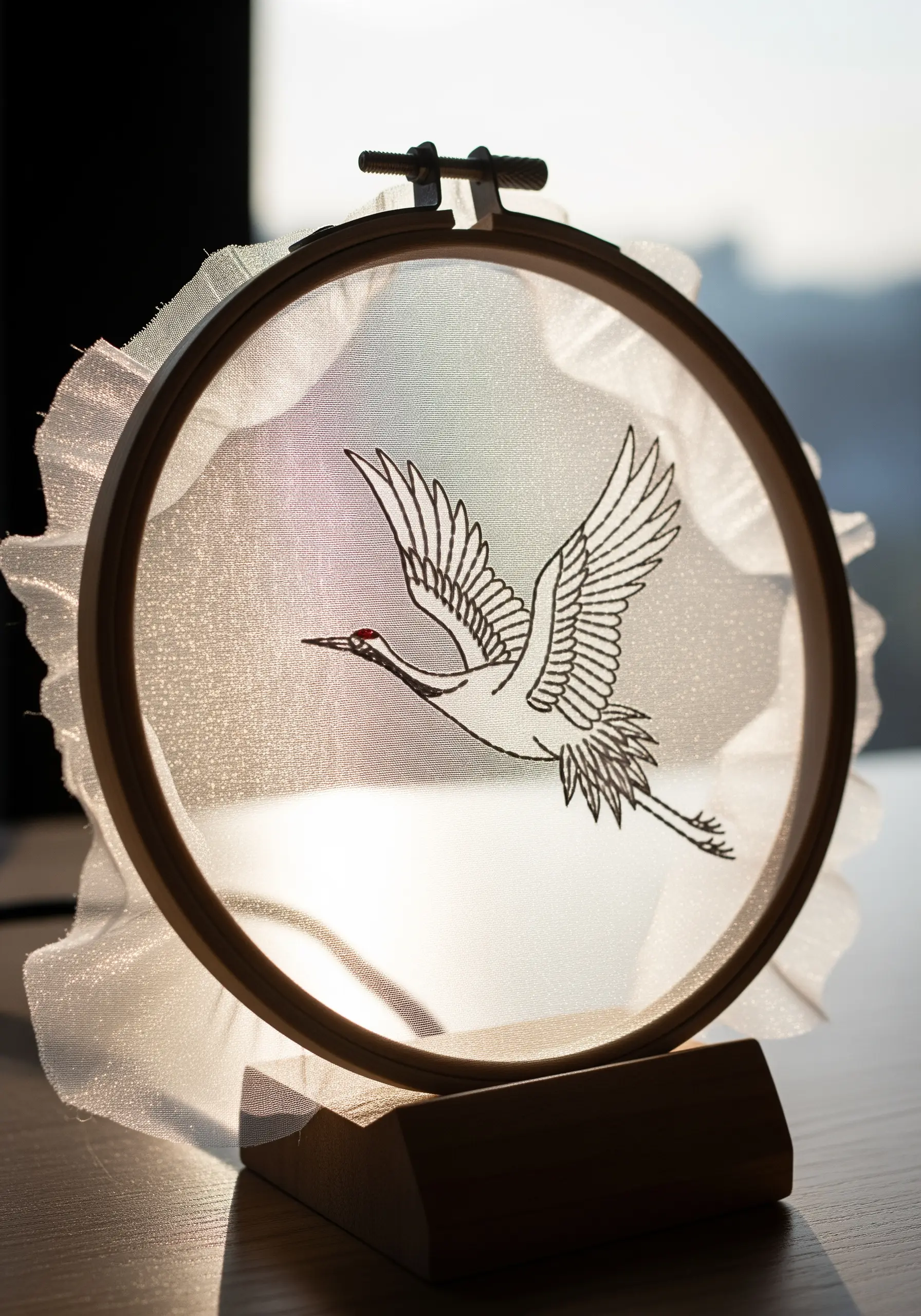 Embroidery of a crane in flight on sheer organza fabric, creating a floating effect.