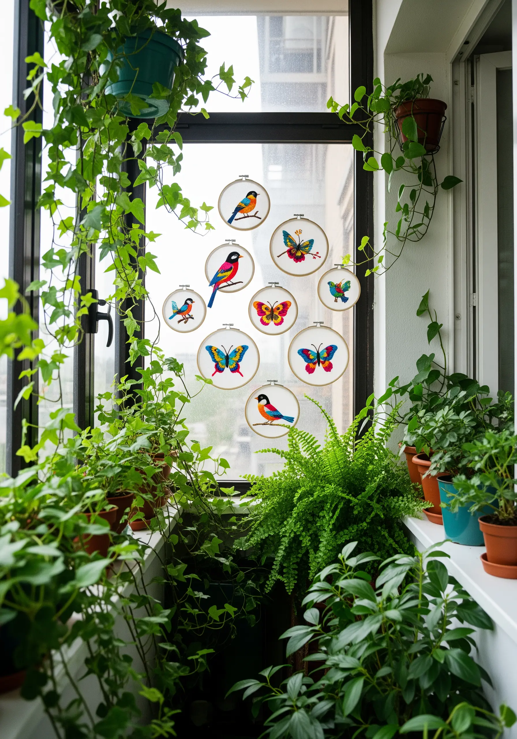 A collection of bird and butterfly embroidery hoops hung on a window among green plants