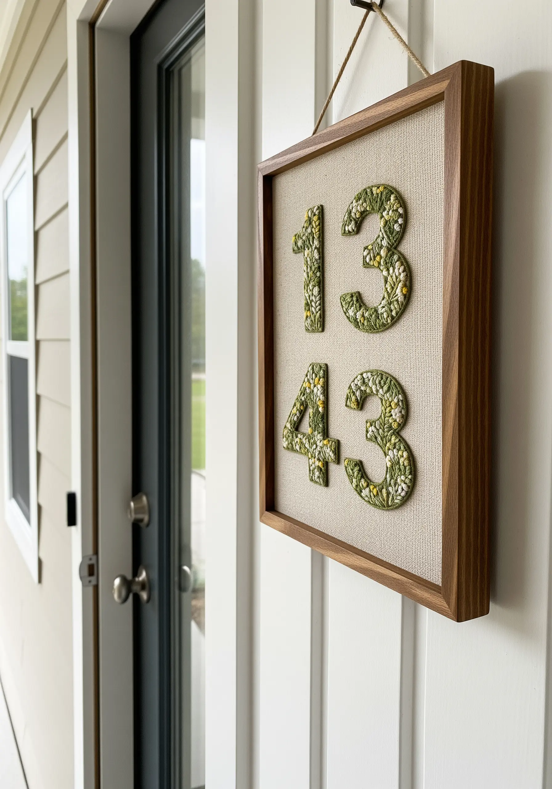 A framed house number sign where the numbers are filled with green French knots and tiny flowers.