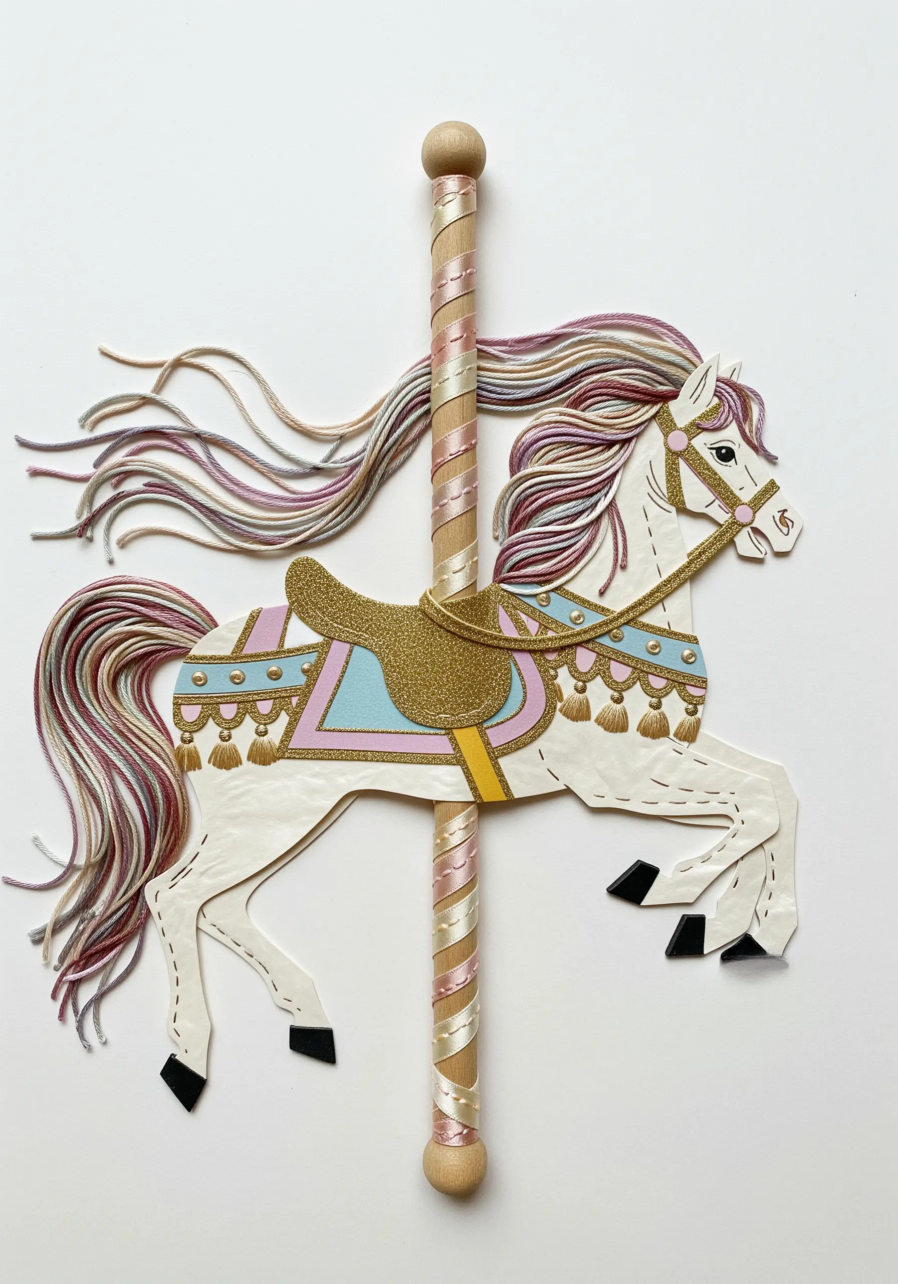 A paper collage carousel horse with a flowing mane and tail made from loose, multi-colored threads.