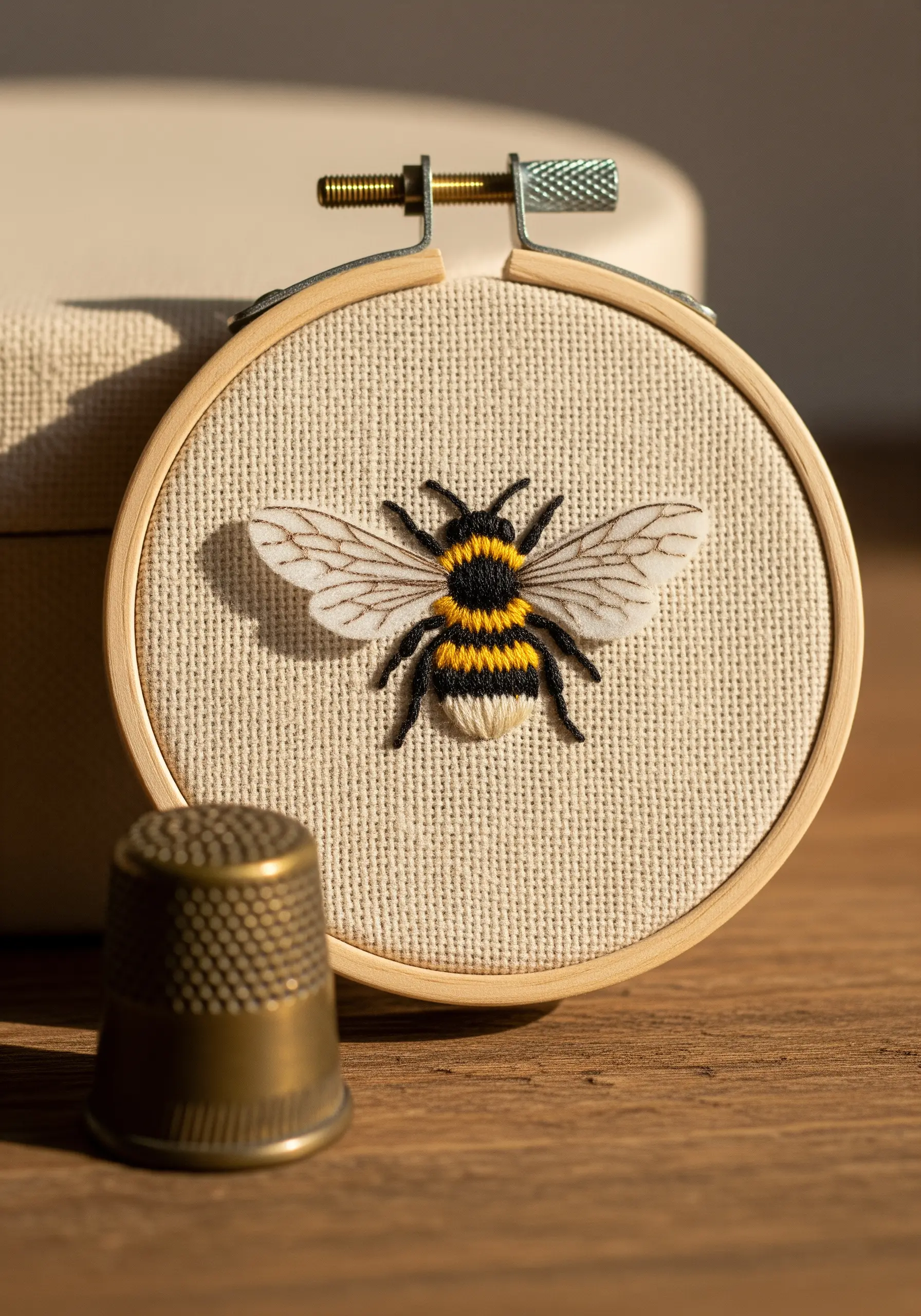 Detailed embroidery of a bumblebee with textured body and delicate wings.