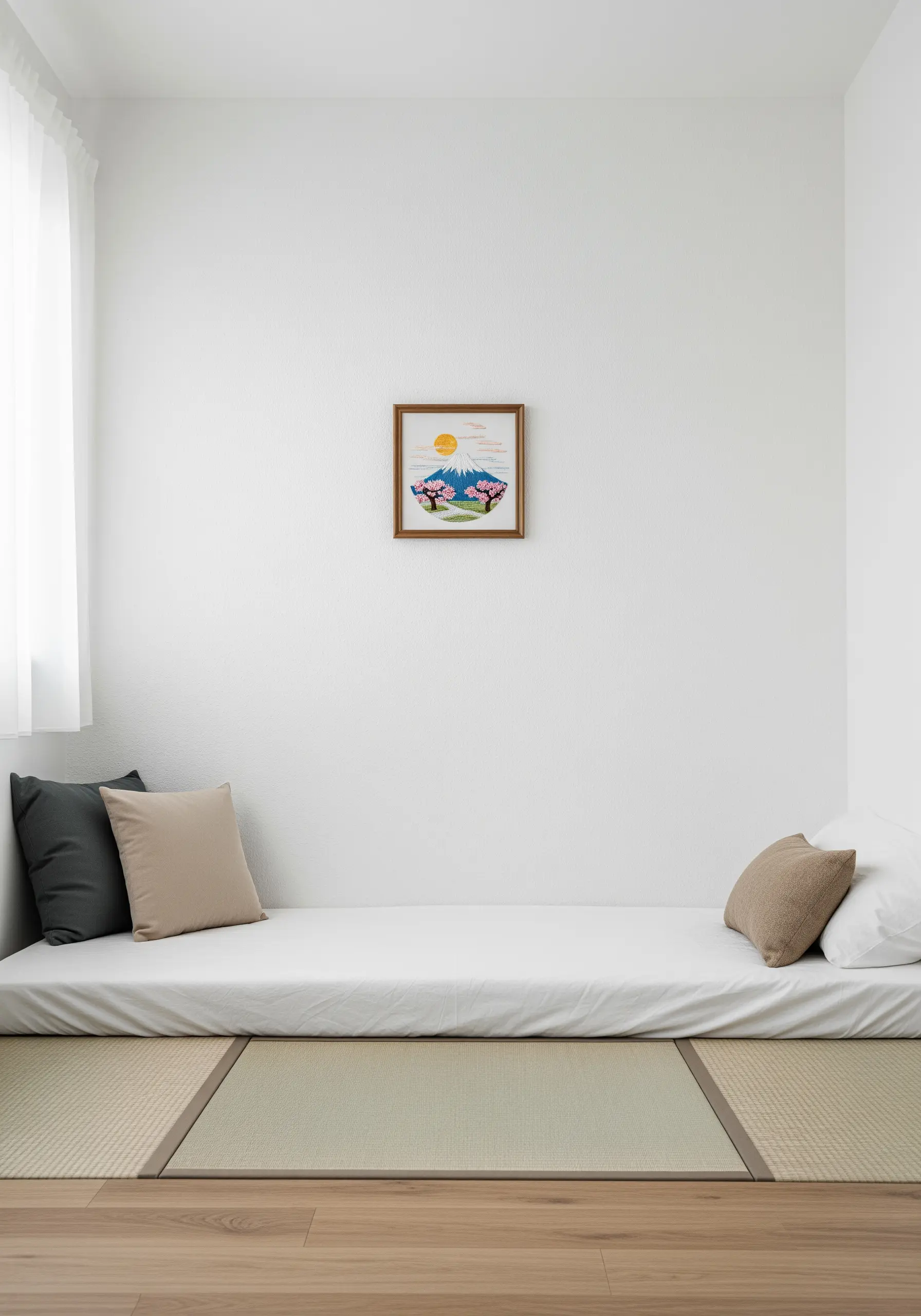 A single framed embroidery of Mount Fuji placed centrally on a large white wall in a minimalist room