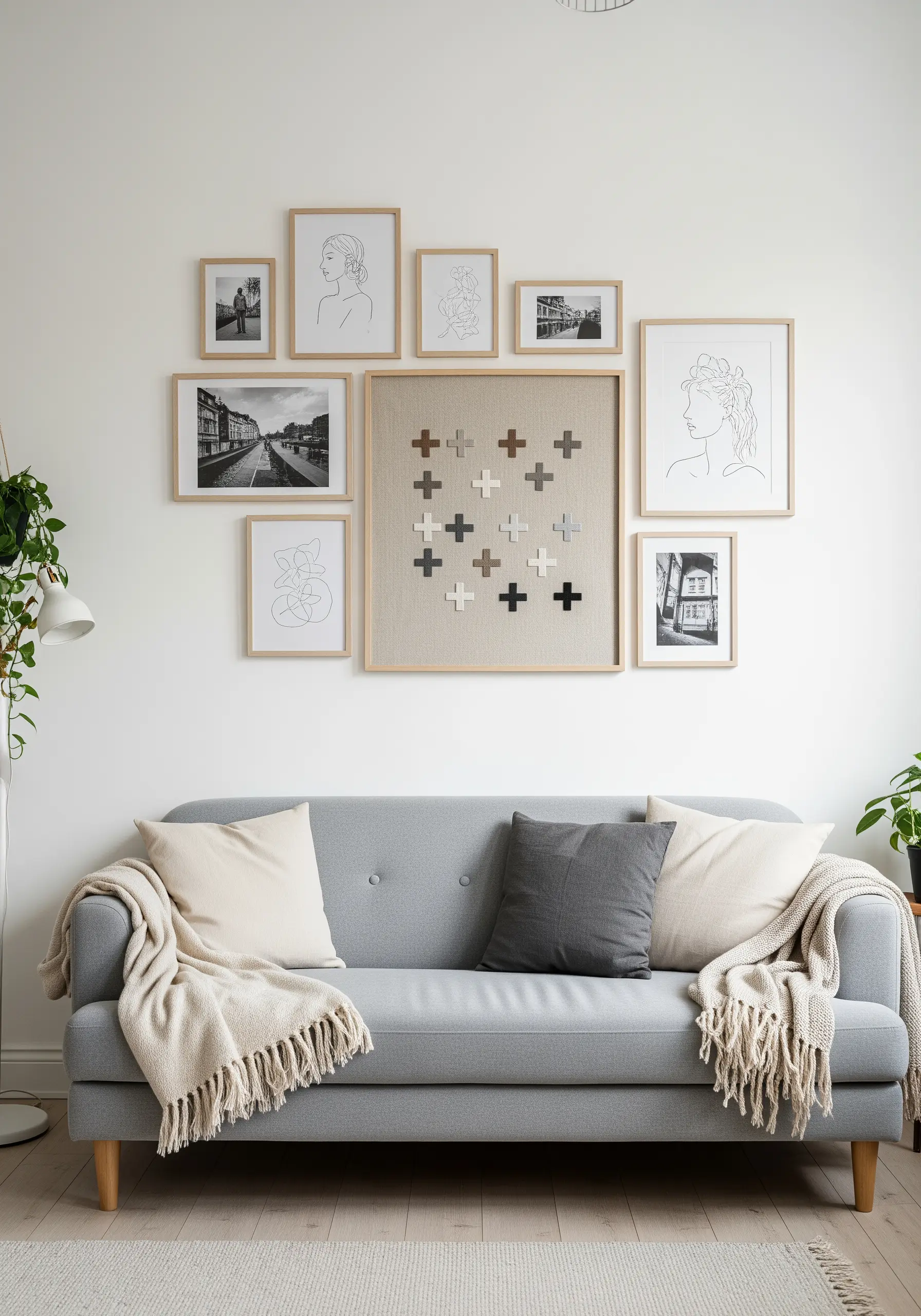 A gallery wall centered around a large framed piece of embroidery featuring a grid of plus signs.