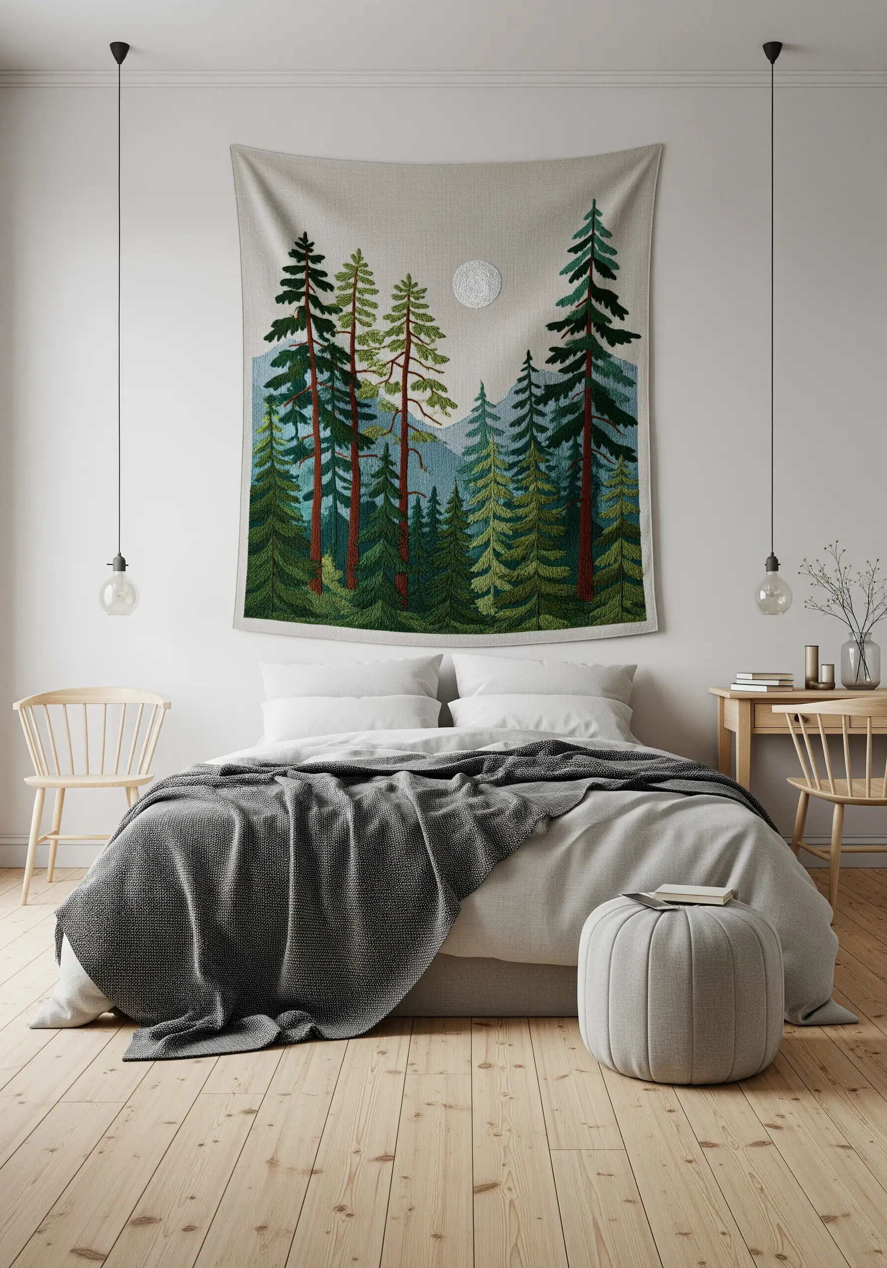A large embroidered wall tapestry depicting a pine forest with mountains in the background.