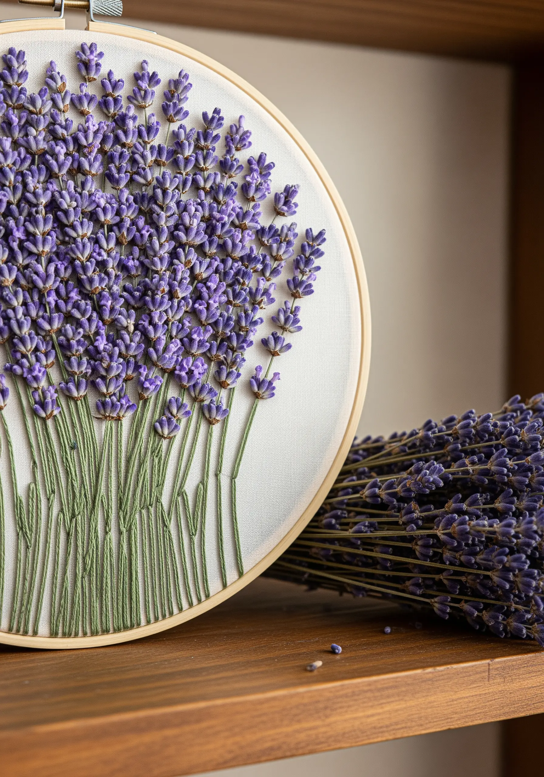 Detailed embroidery of a lavender bouquet with plump purple French knots and thin green stems.