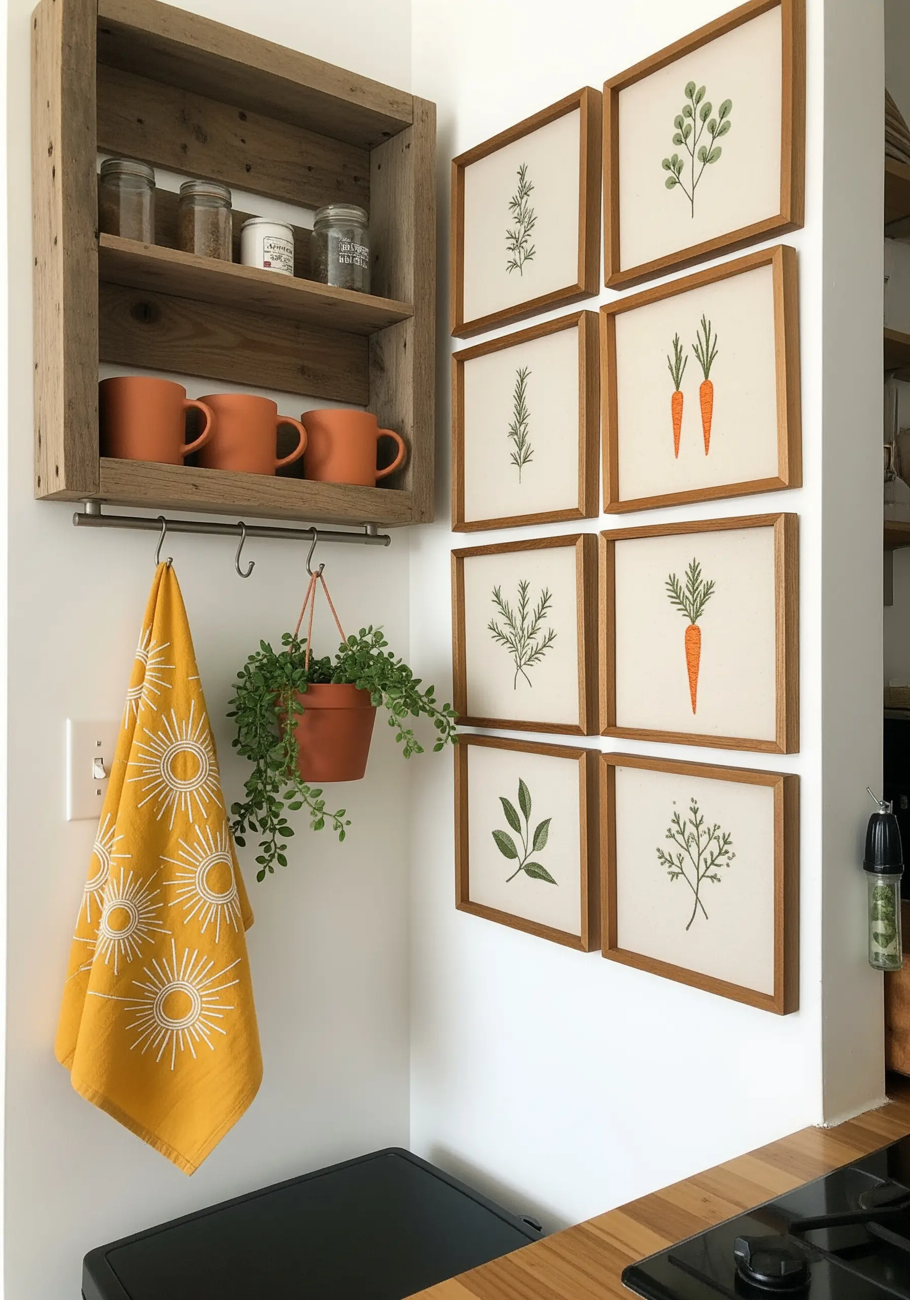 A grid of eight framed embroideries featuring simple herbs and vegetables in a kitchen.