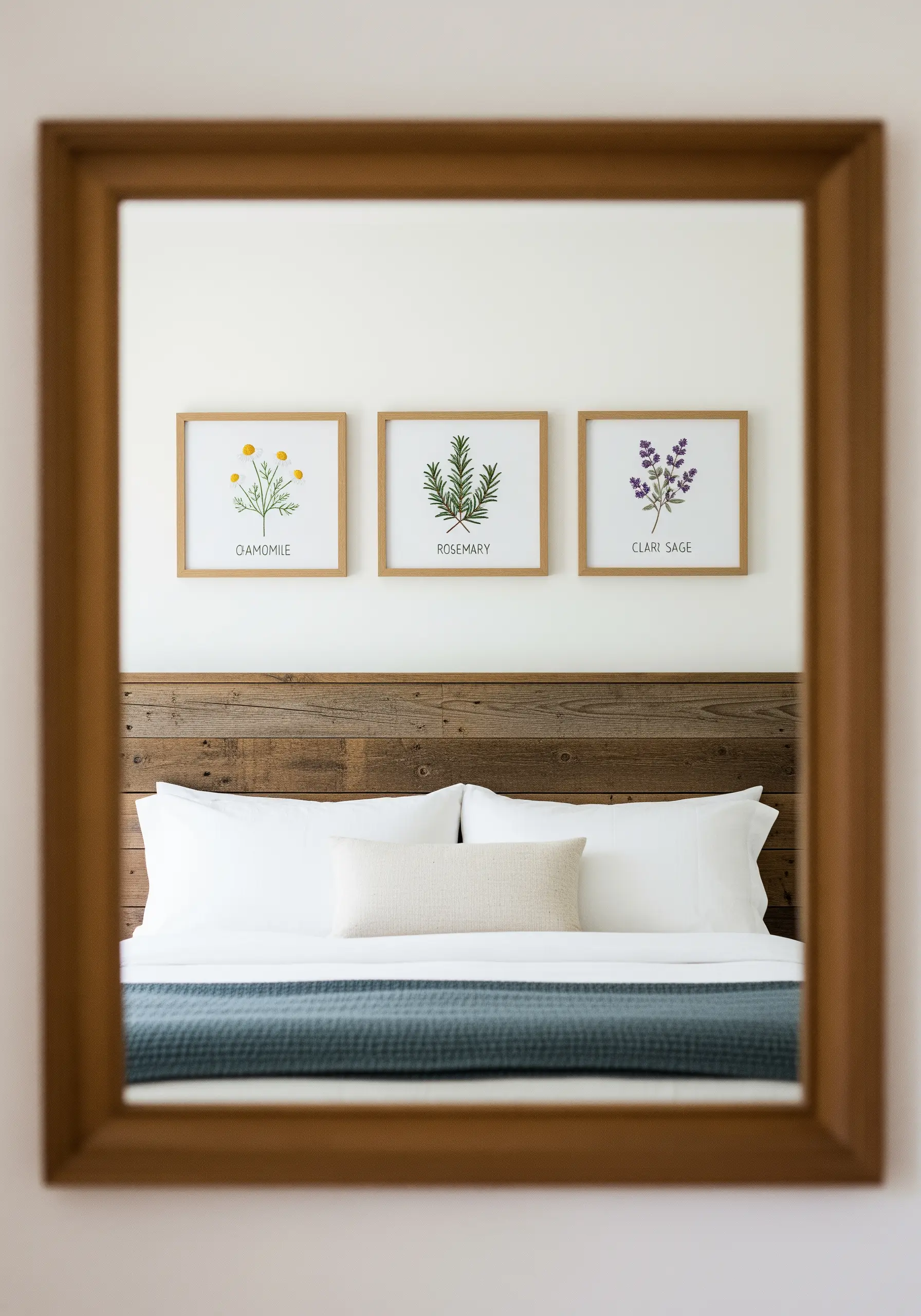 A triptych of framed embroideries of chamomile, rosemary, and clary sage herbs.