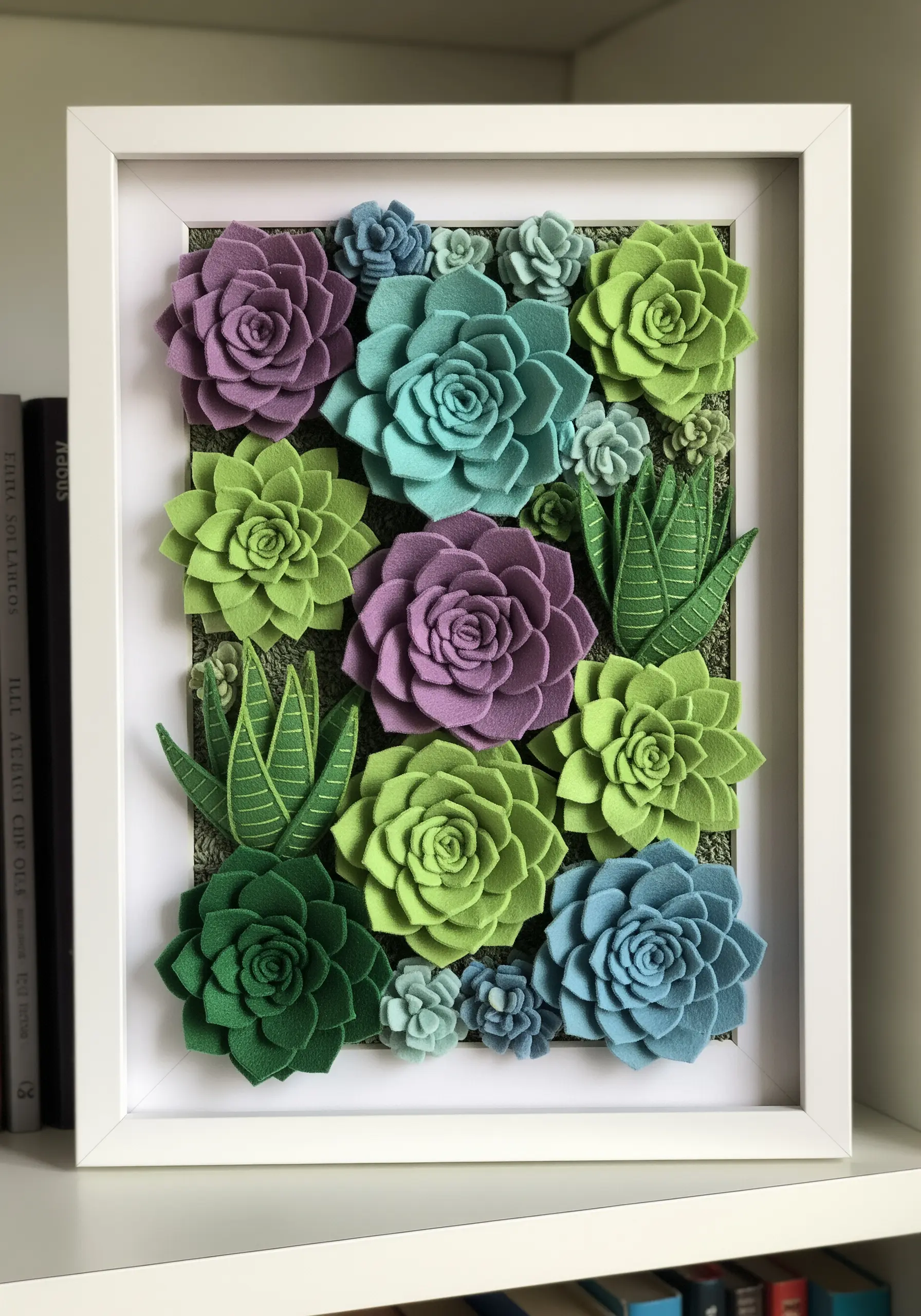 A white shadow box filled with a variety of green and purple felt succulents.