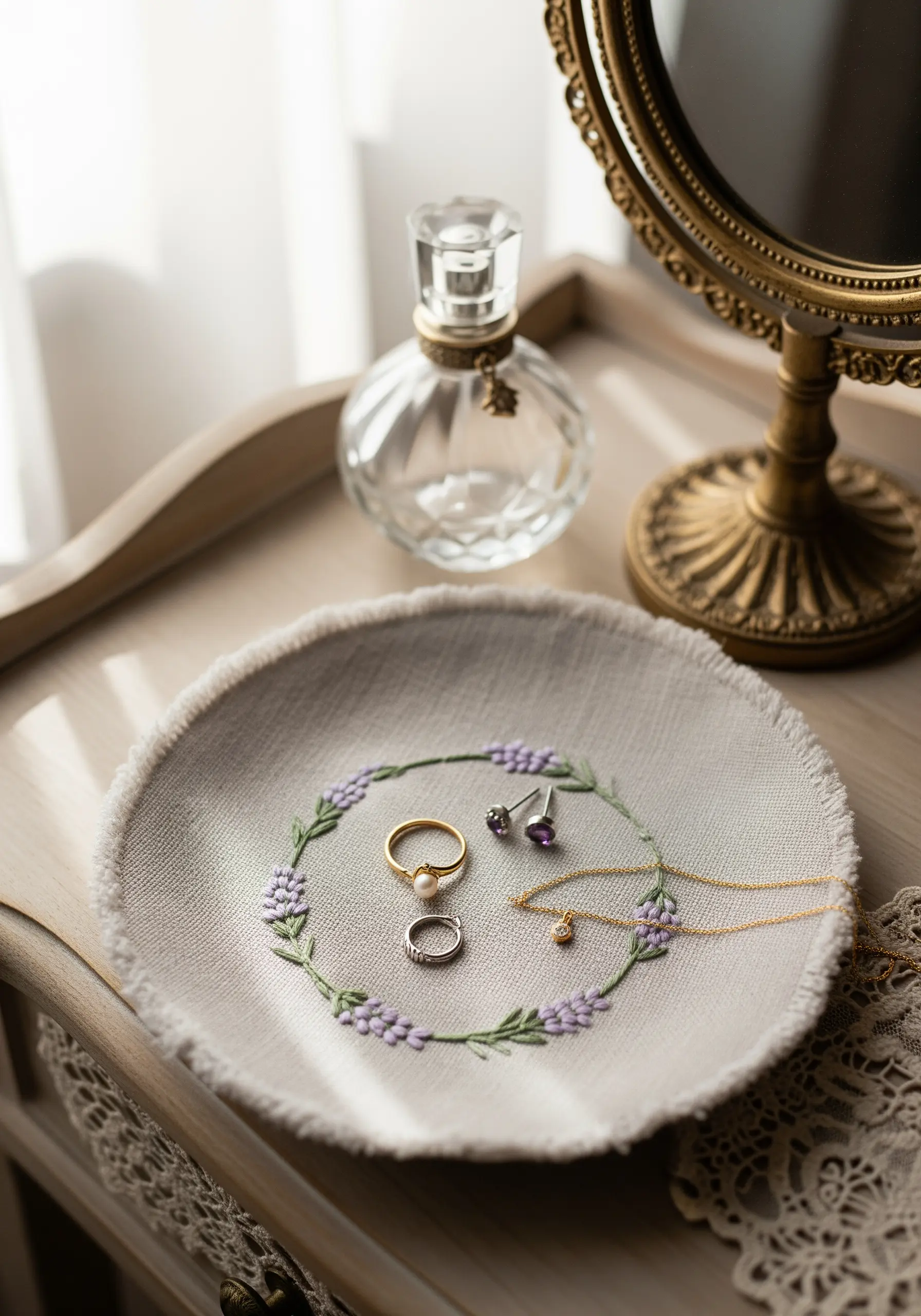 A small trinket dish made from stiffened embroidered linen, holding delicate jewelry.