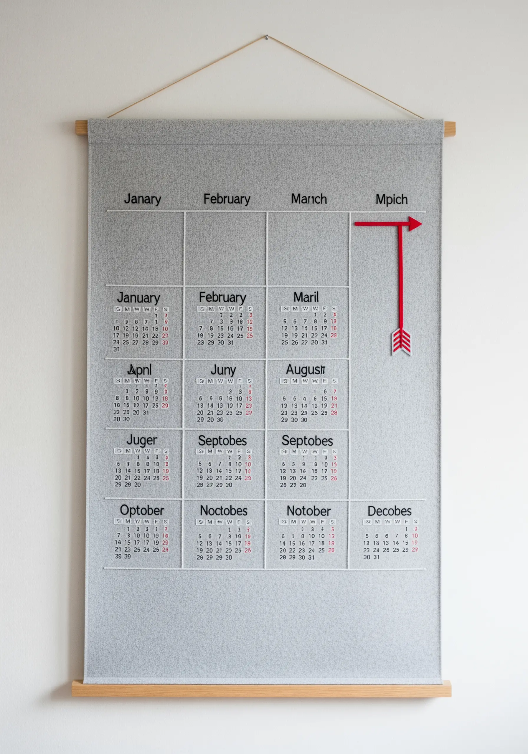 A large, grey felt wall calendar with months and dates stitched in white thread.