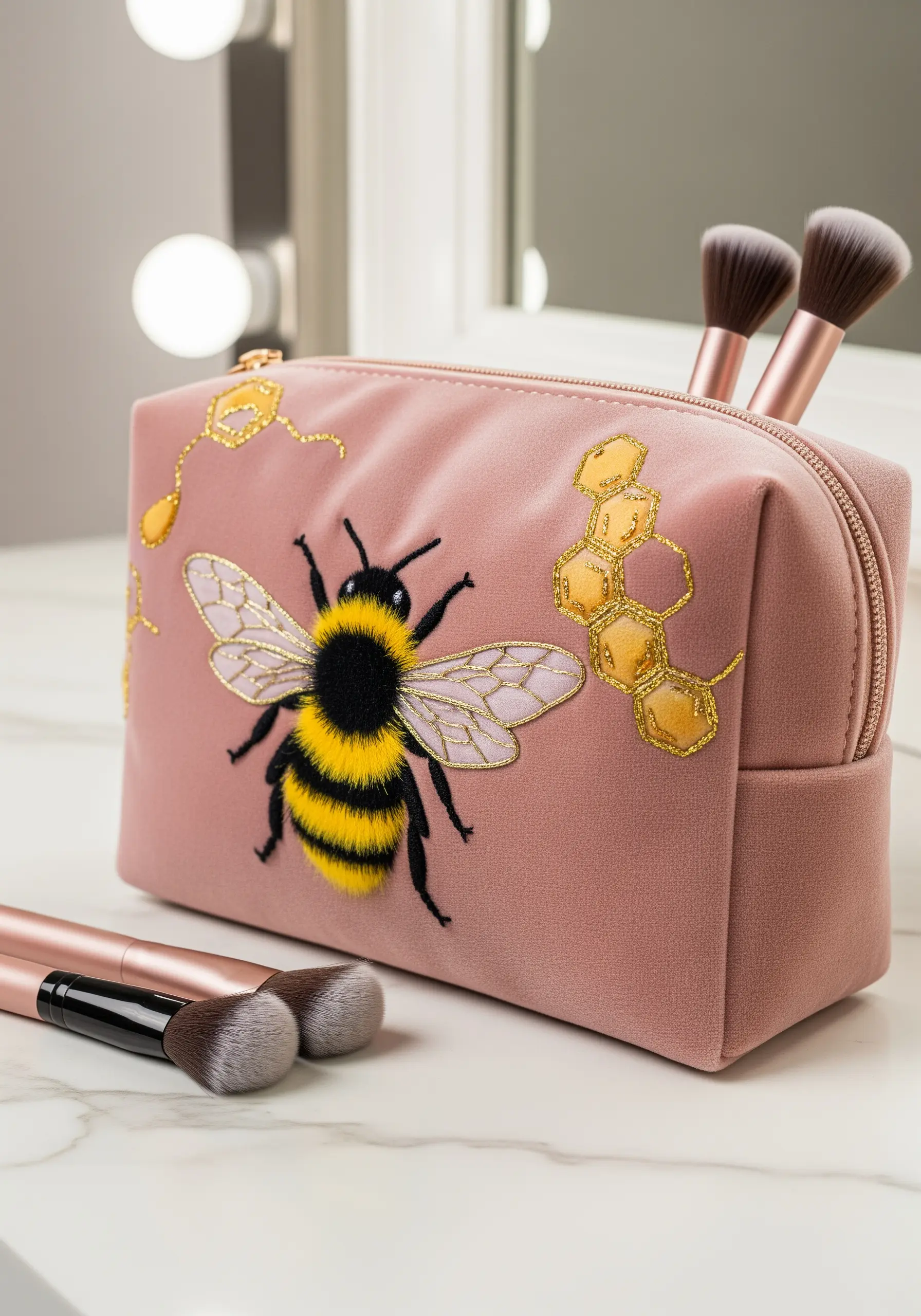 A pink makeup bag with a large, fluffy embroidered bumblebee and honeycomb outlines.