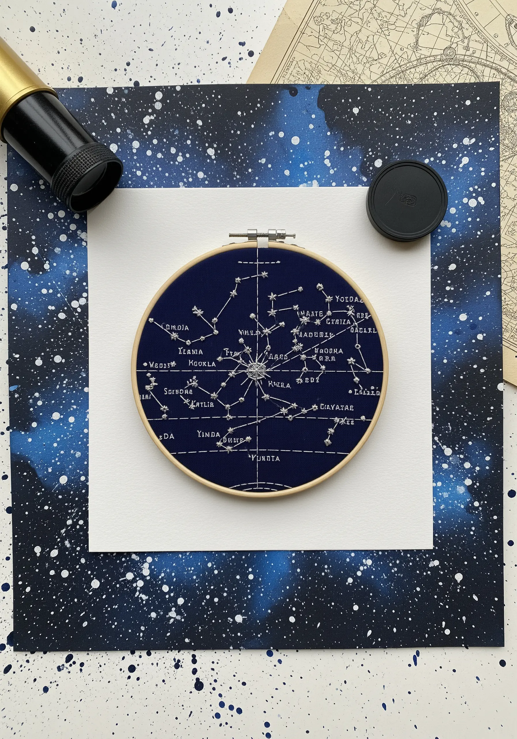 Embroidered constellation hoop mounted on a blue and black spray-painted star background.