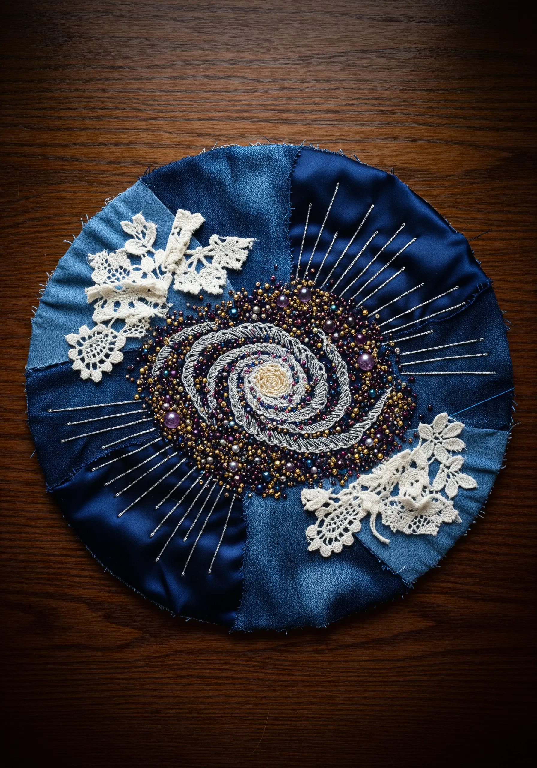 A celestial spiral of beads and lace on a circular blue patchwork background.