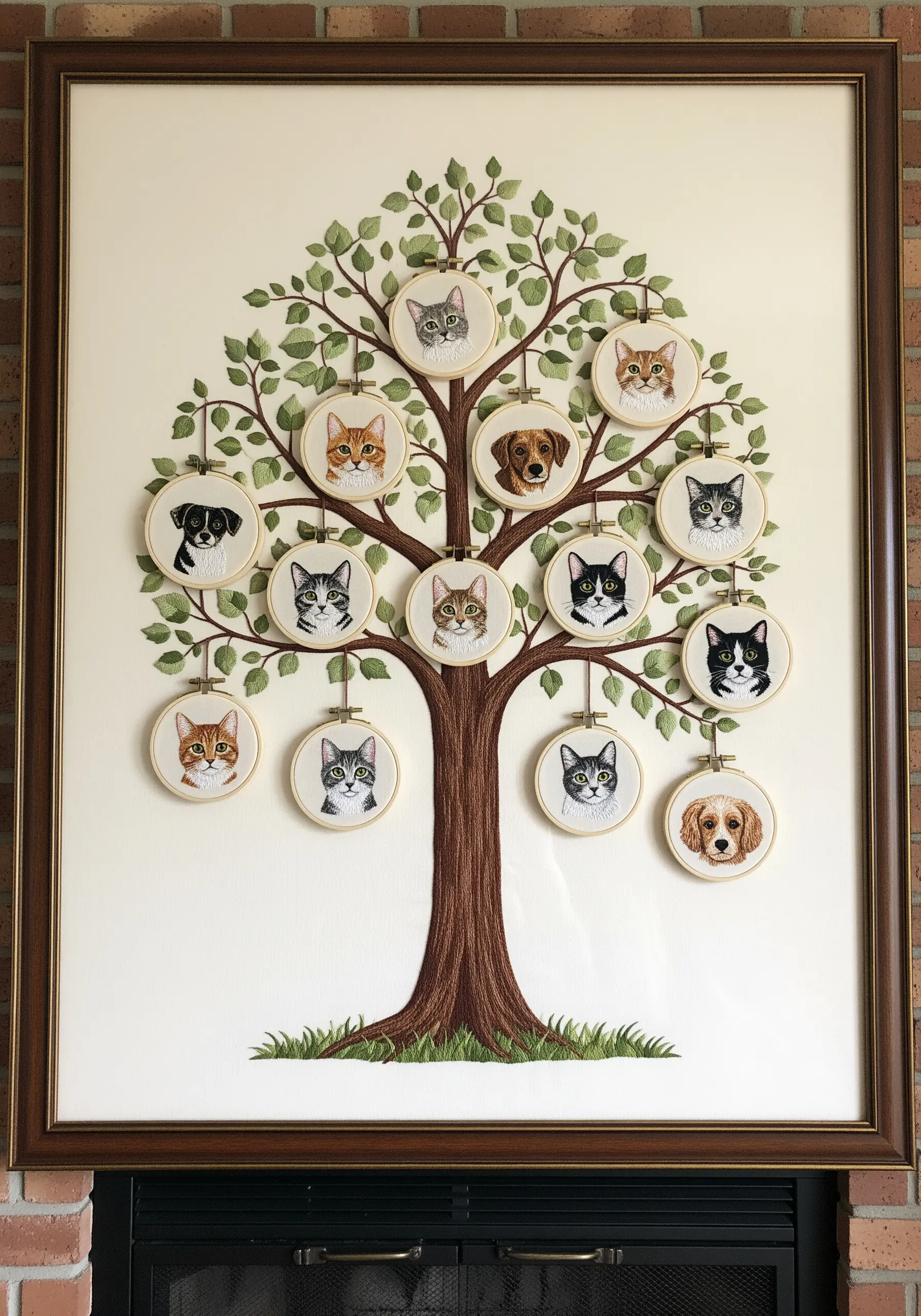 A large framed embroidery of a tree with small hoops of pet portraits hanging from branches.
