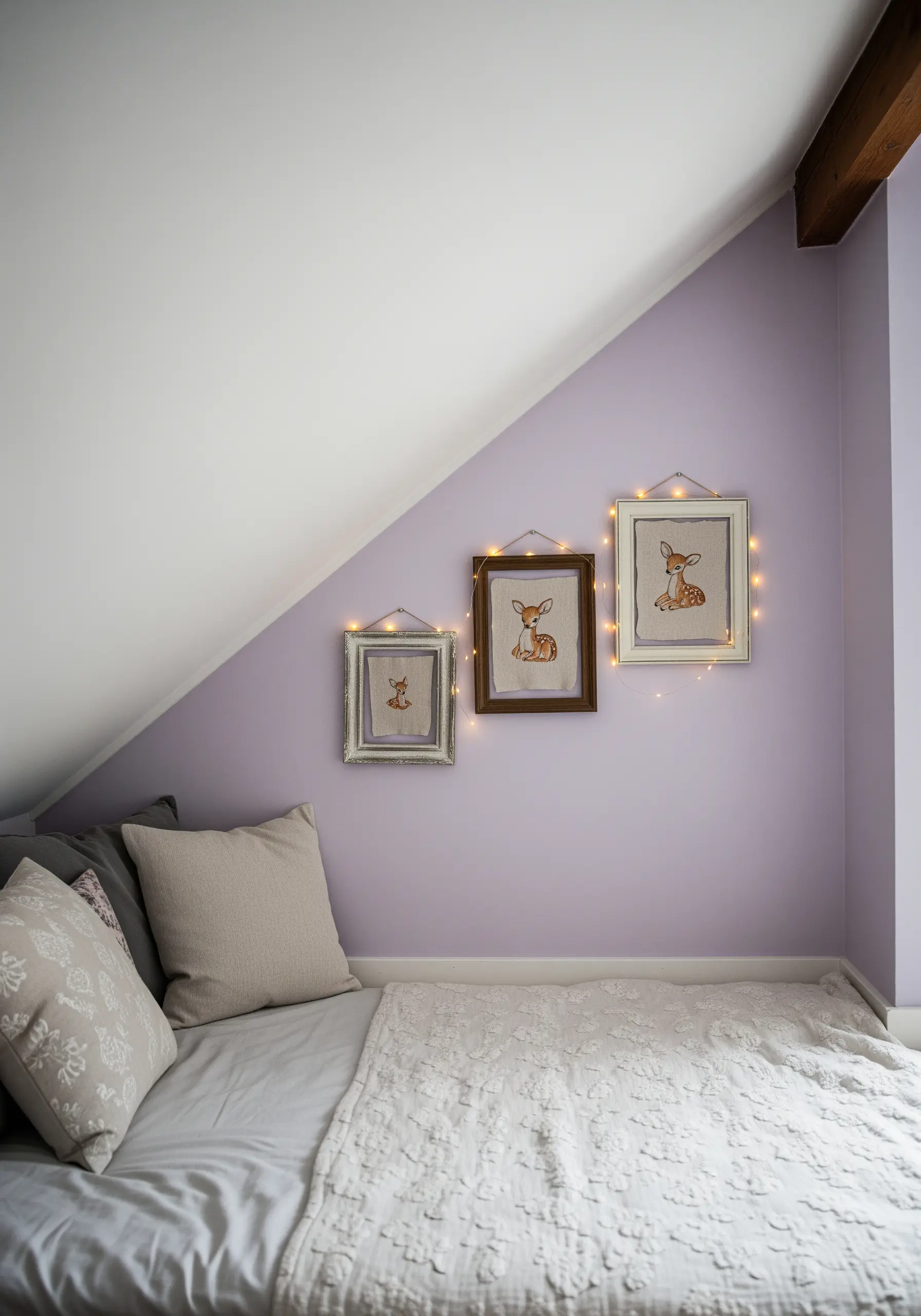 Three framed embroideries of fawns in graduating sizes, hanging on a lavender wall and wrapped in fairy lights.
