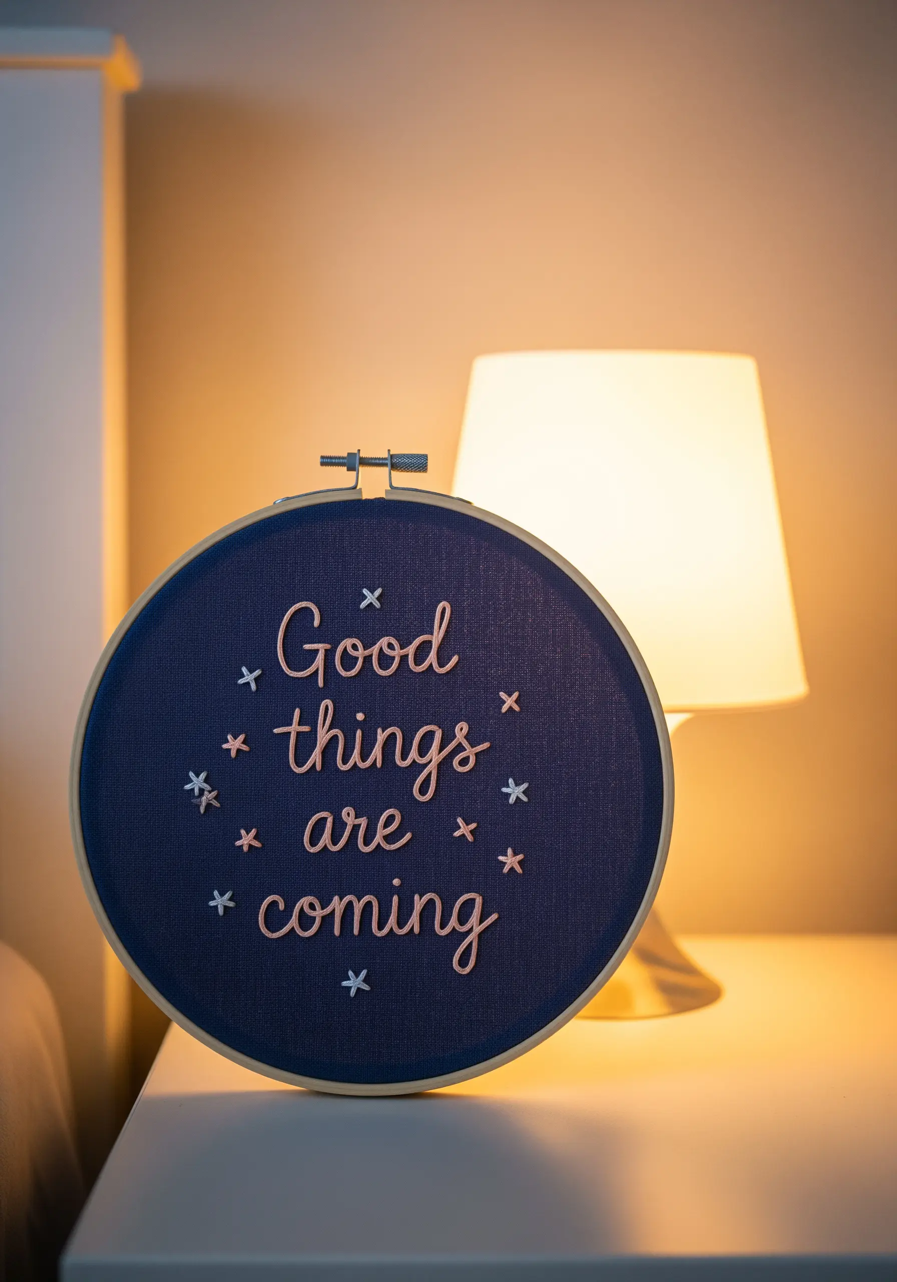 A hopeful quote stitched in pink on navy fabric, accented with small, colorful stars.