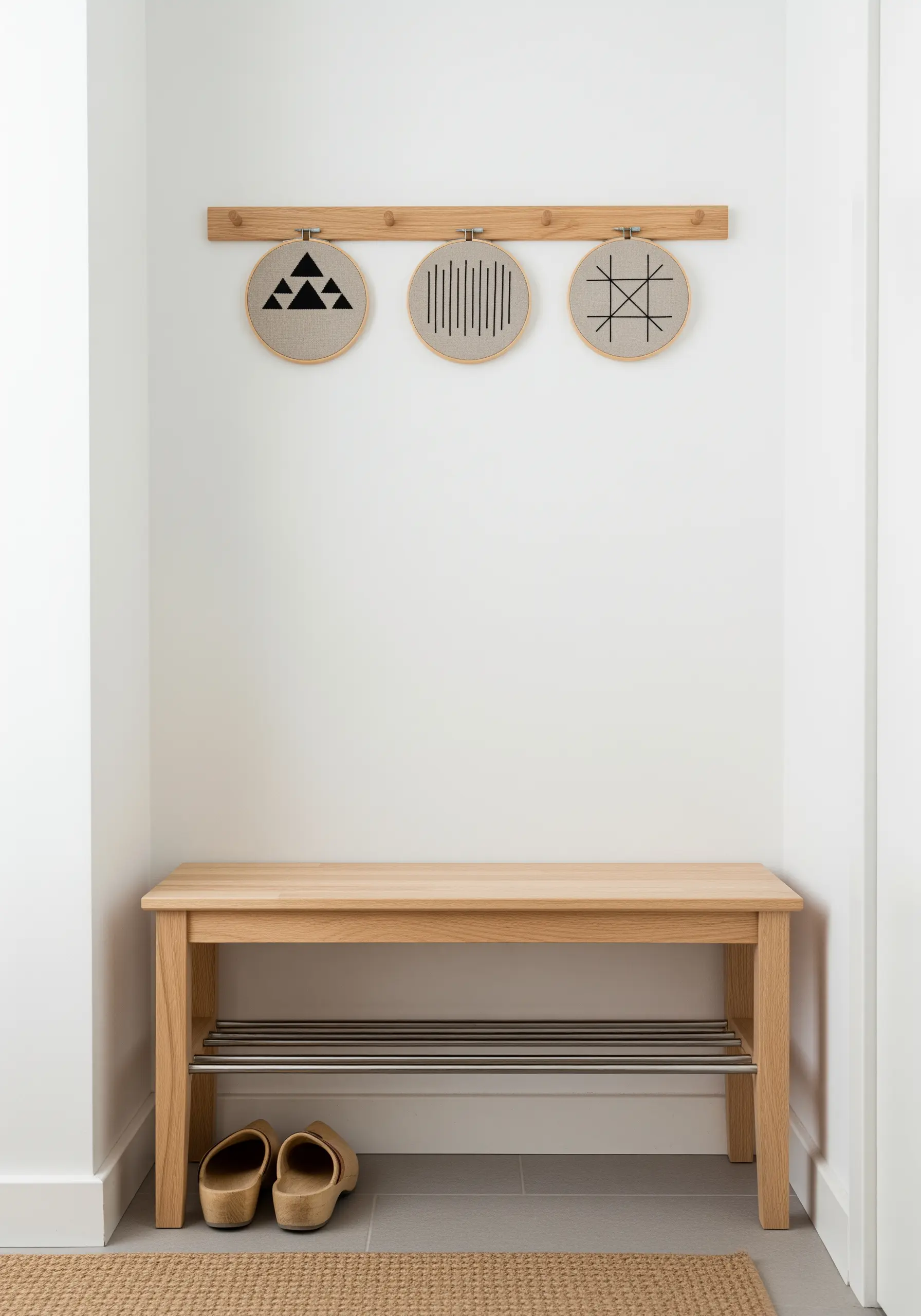 Three embroidery hoops with black geometric patterns hanging on a light wood rack.