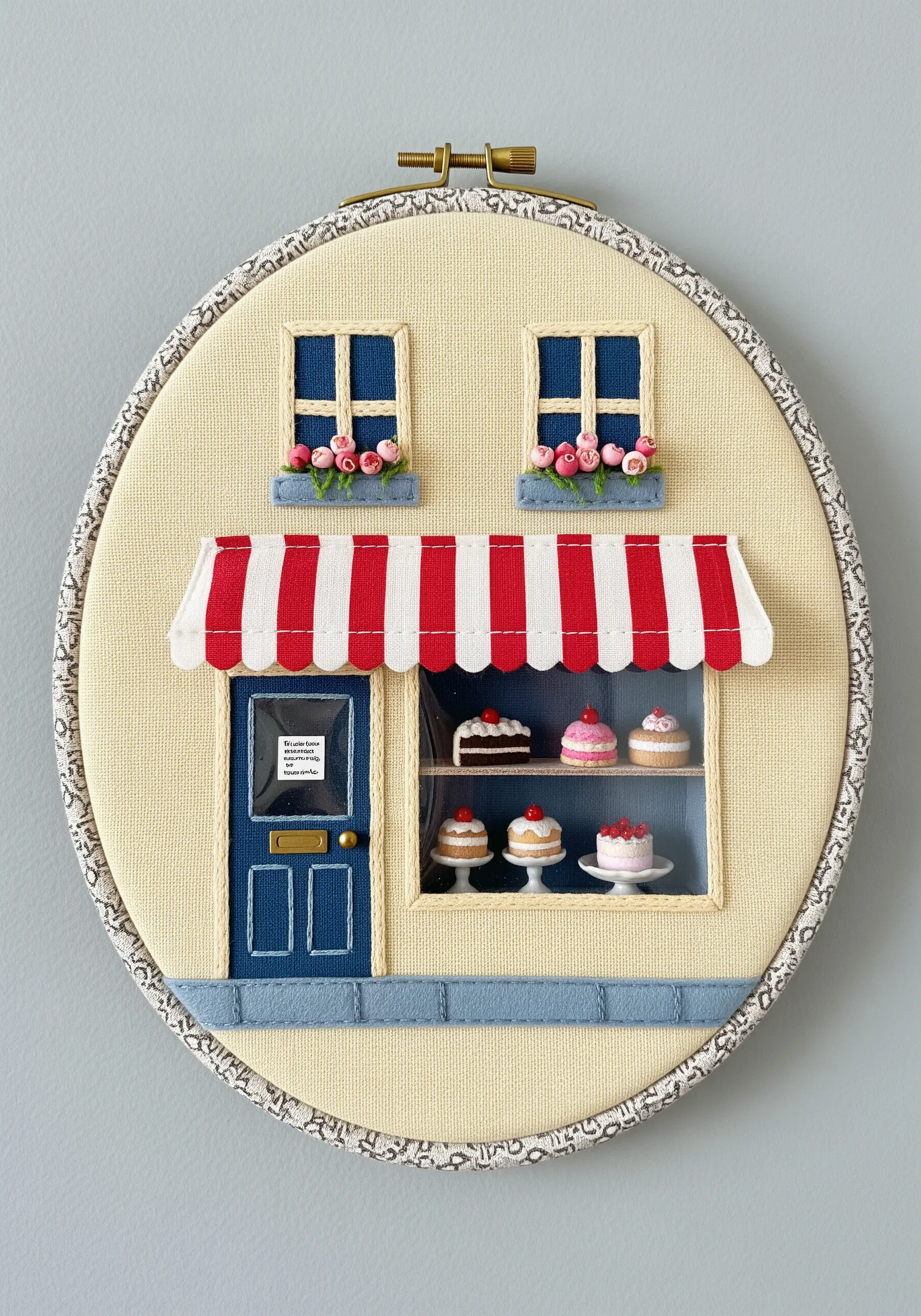 Fabric collage of a bakery storefront with a sheer fabric window and tiny details