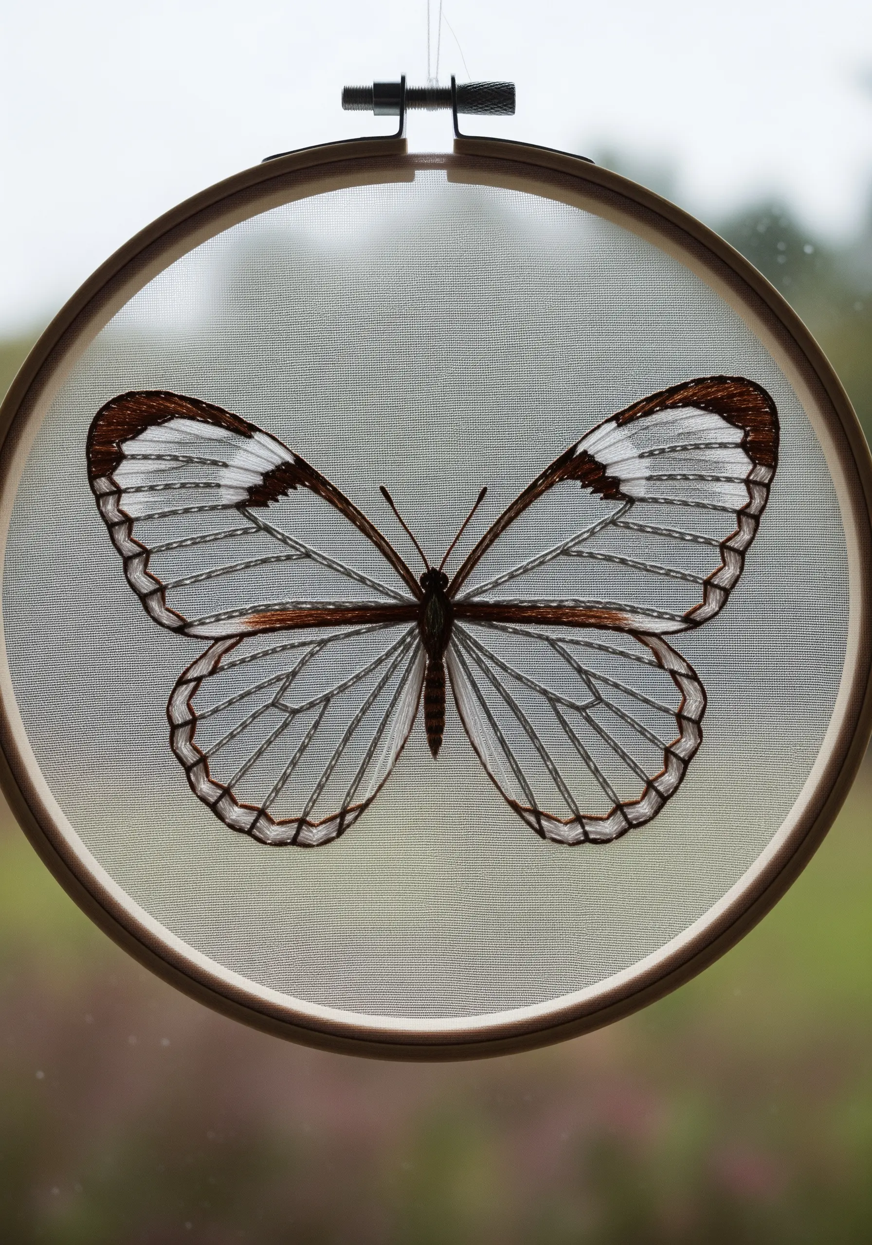 A delicate butterfly with transparent wings embroidered on sheer tulle fabric.