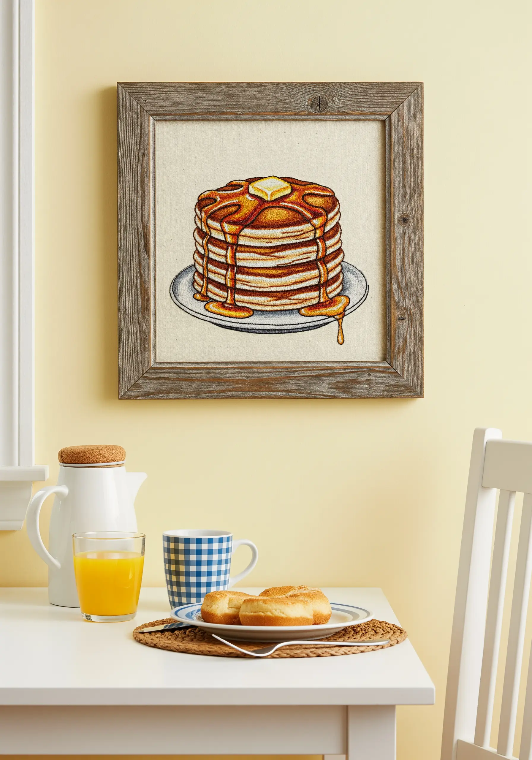 A realistic embroidery of a stack of pancakes with butter and syrup, framed in a breakfast nook.