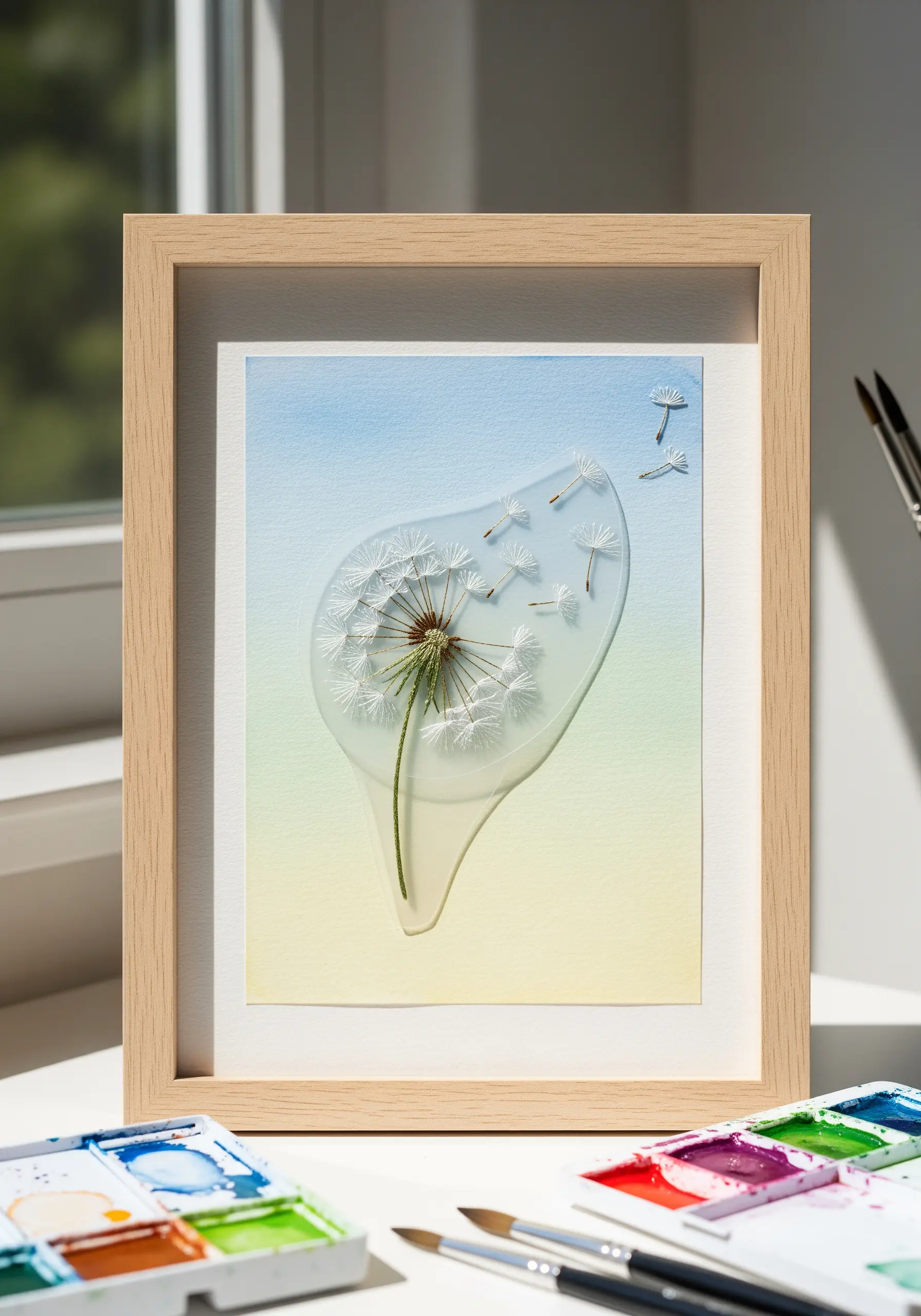 Embroidered dandelion on watercolor paper with a clear resin layer over the seeds.
