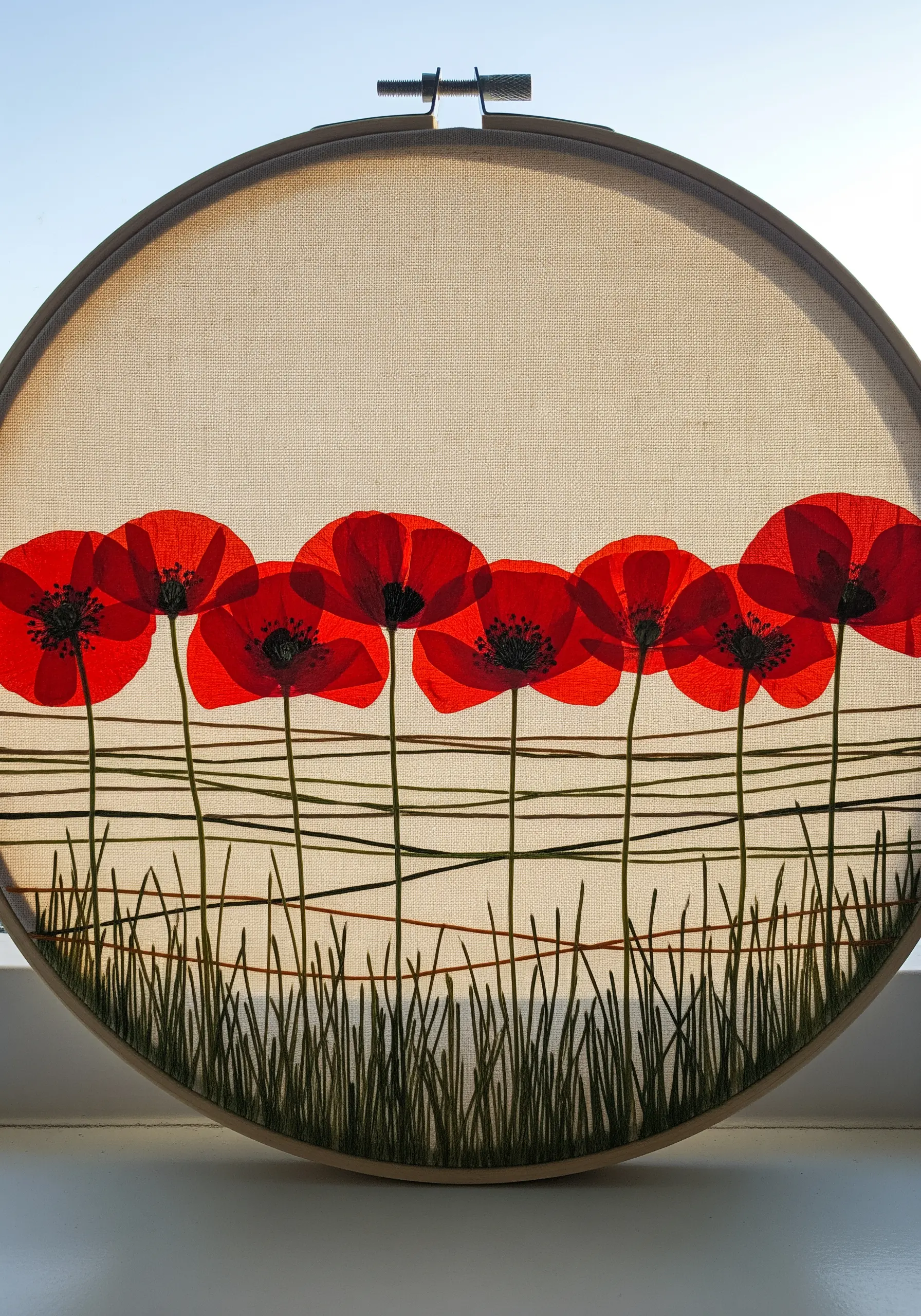 Translucent red poppy petals stitched onto semi-sheer fabric, backlit by sunlight.