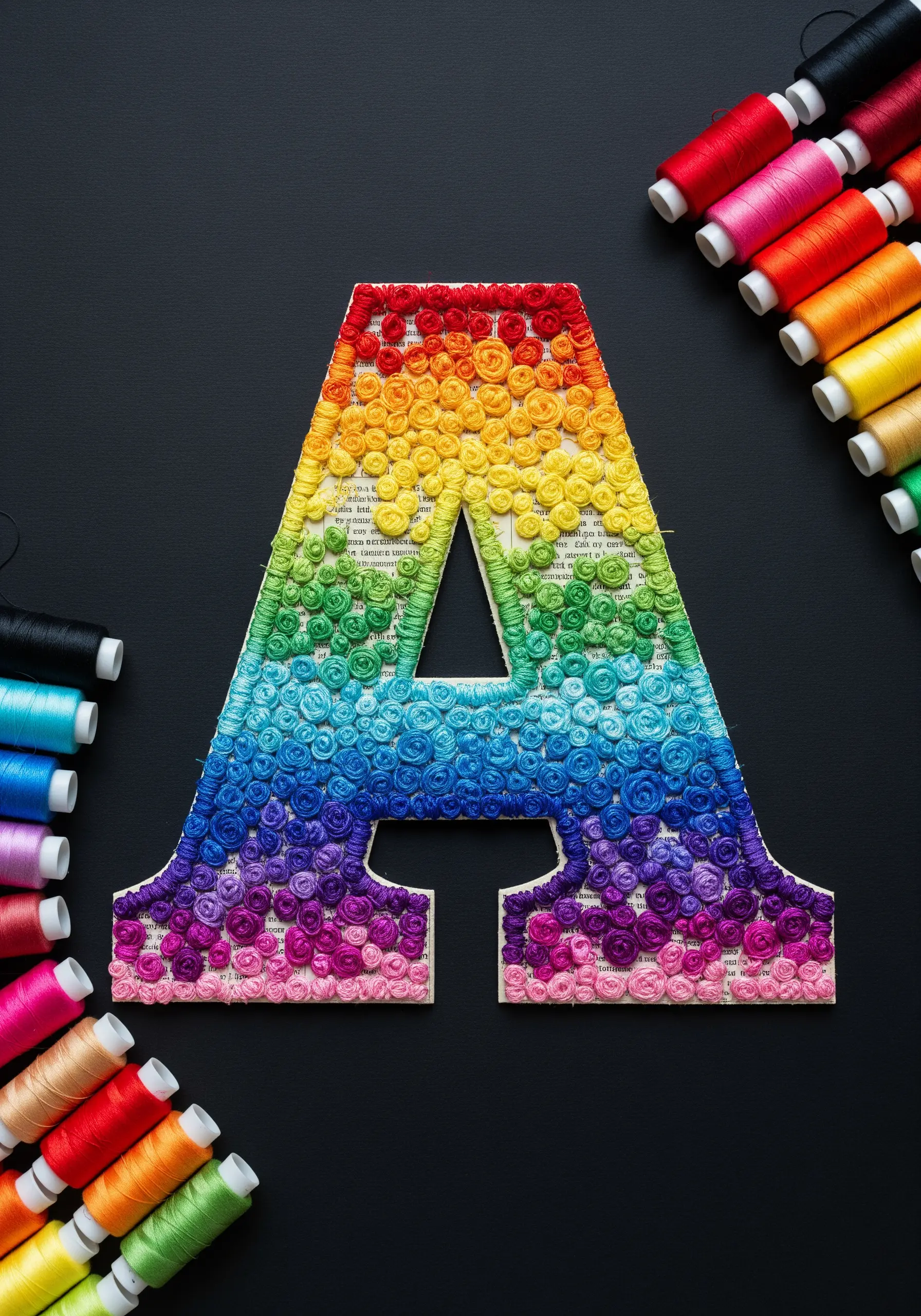 A large letter 'A' filled with a rainbow gradient of tightly packed woven wheel rose stitches.