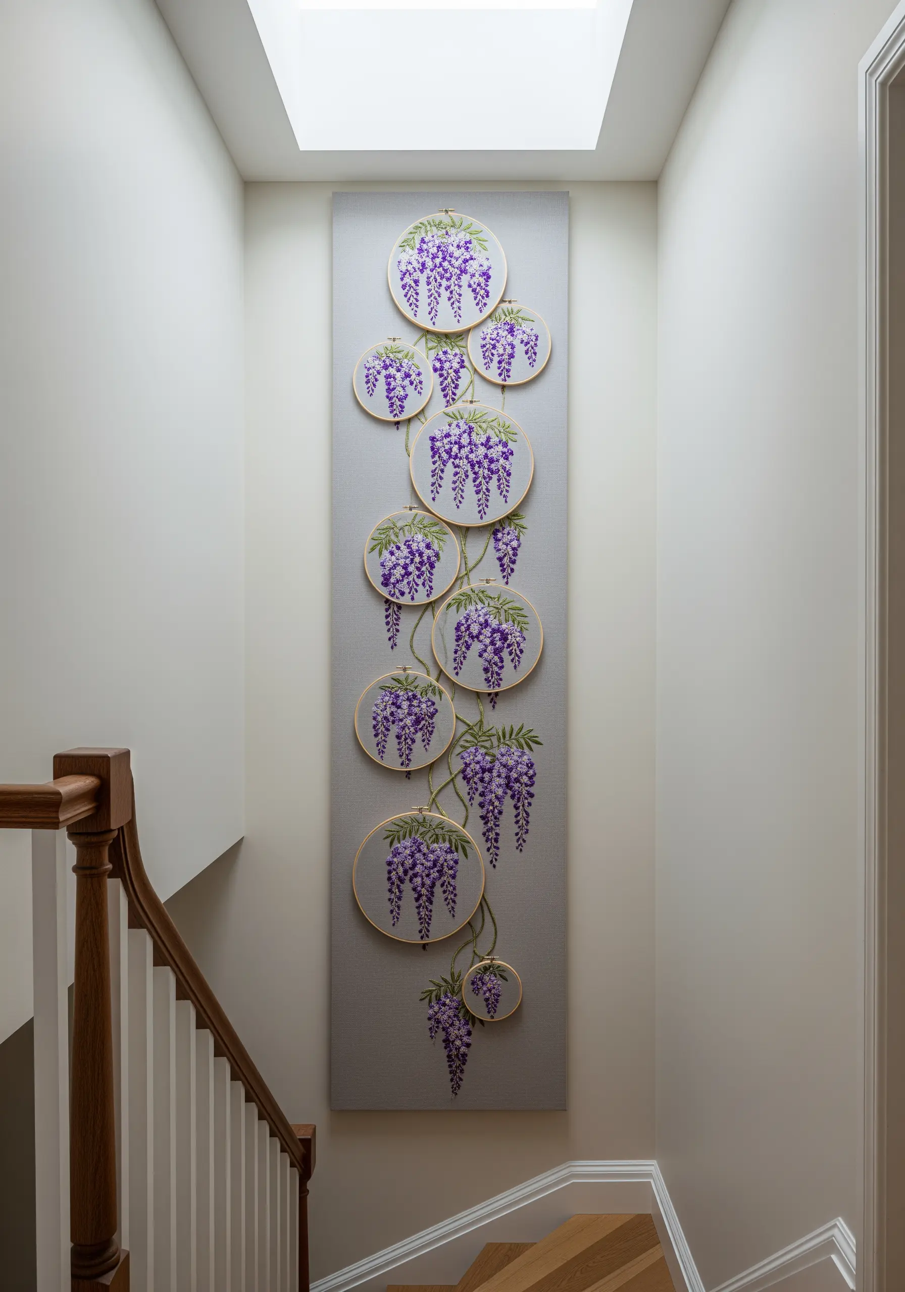 A large wall panel featuring multiple embroidery hoops creating a cascading wisteria design.