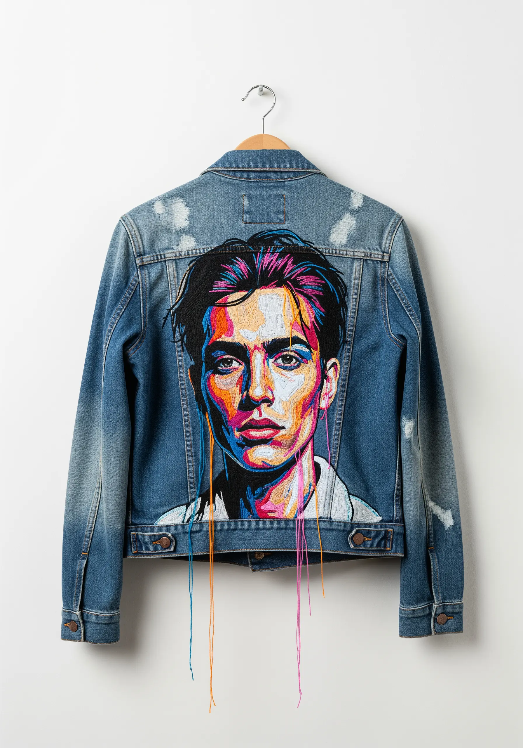 A denim jacket with a large, colorful embroidered portrait on the back.