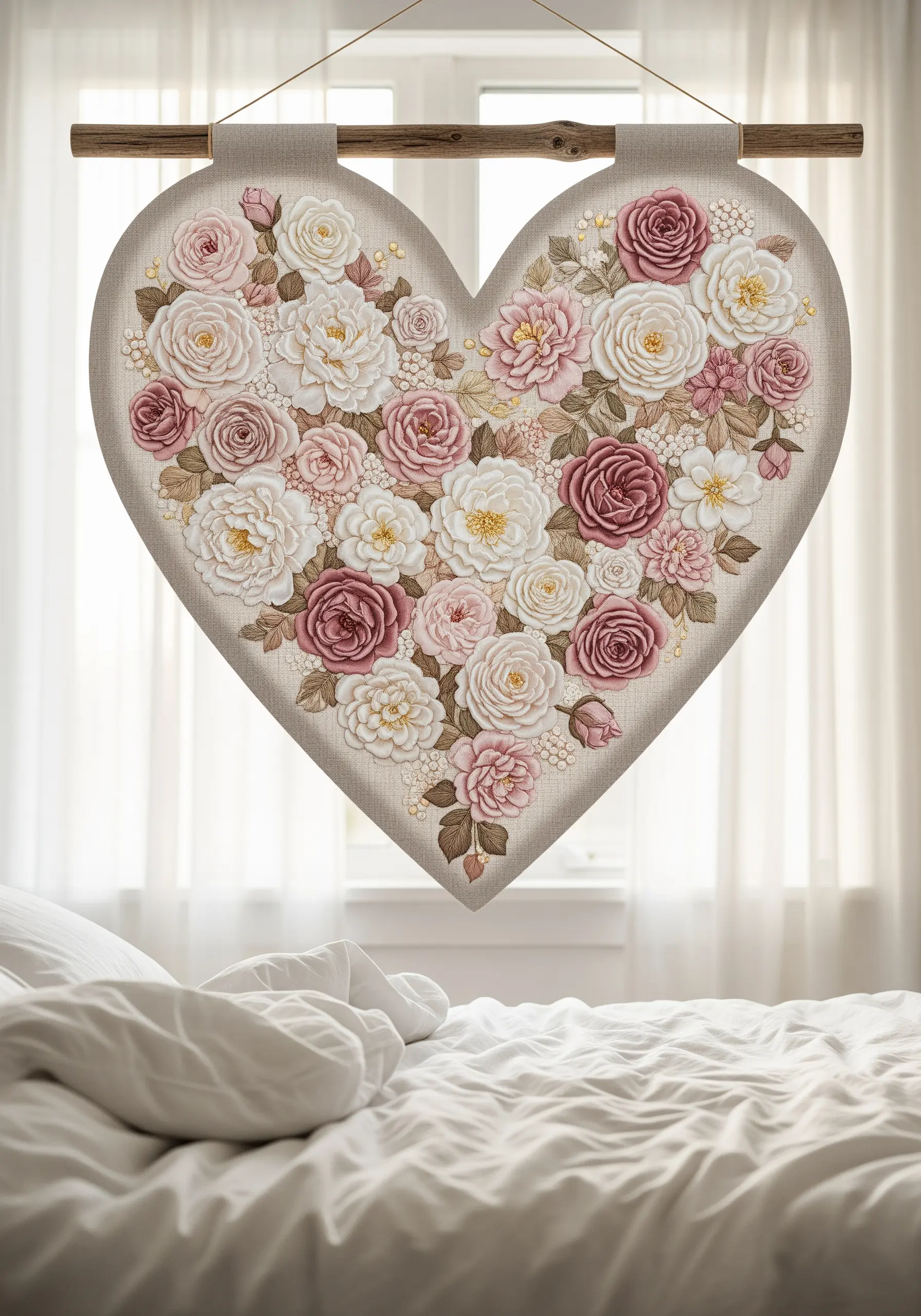 Heart-shaped wall hanging filled with dimensional embroidered roses in pink and cream tones.