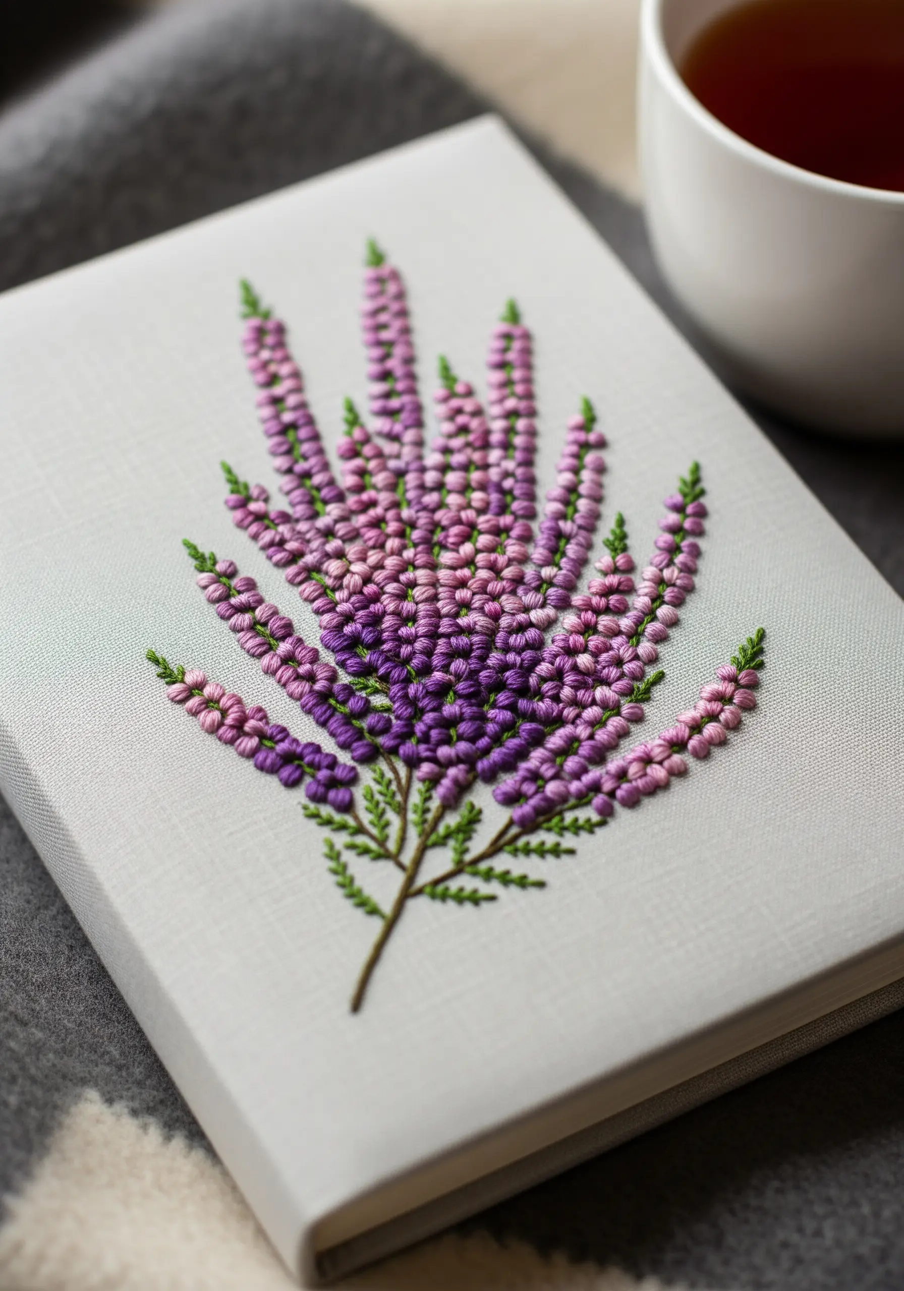 A sprig of heather with a purple-to-pink gradient made of tiny knots on a journal cover.