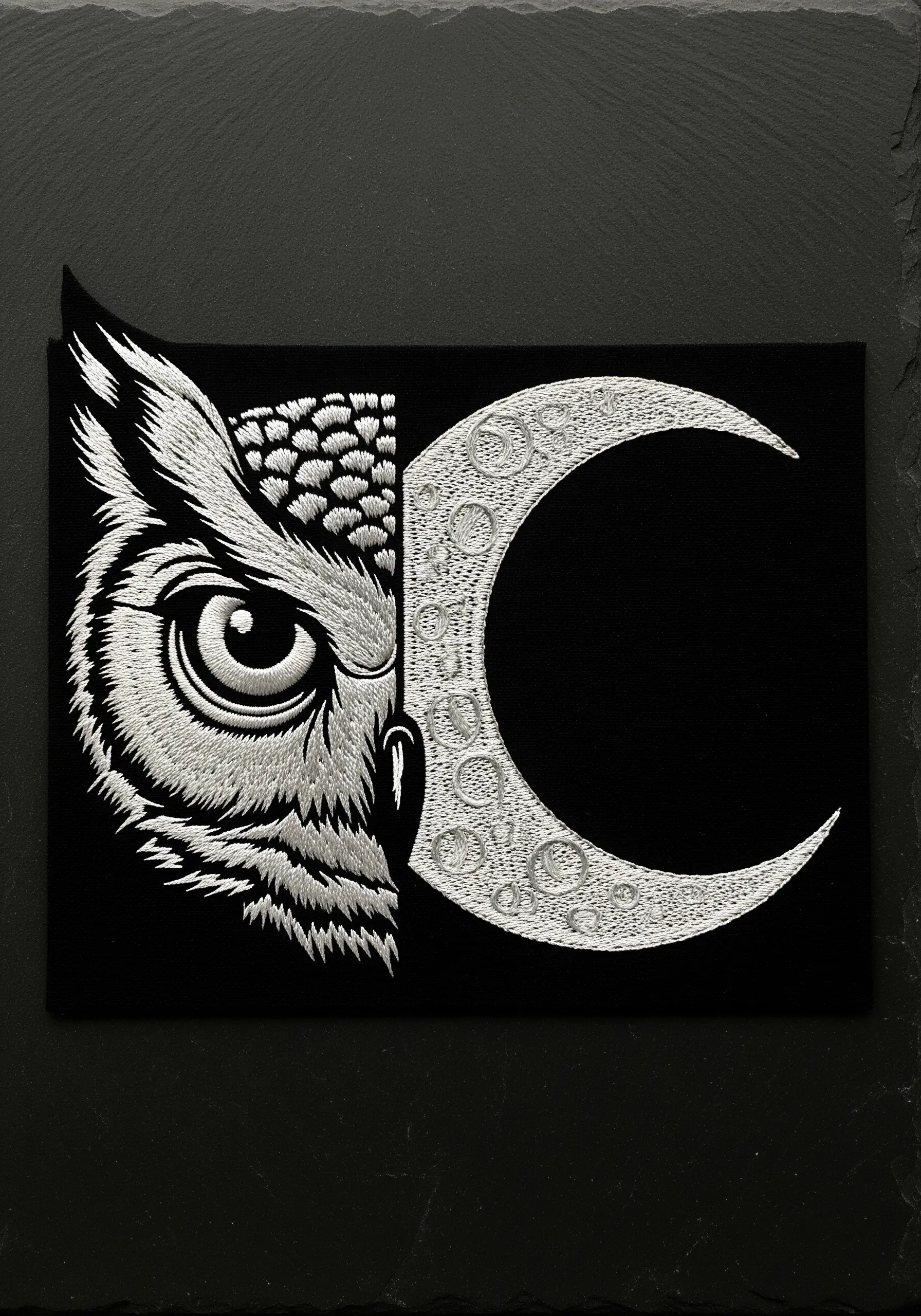 A graphic design showing half an owl's face and half a crescent moon, stitched in silver on black fabric.