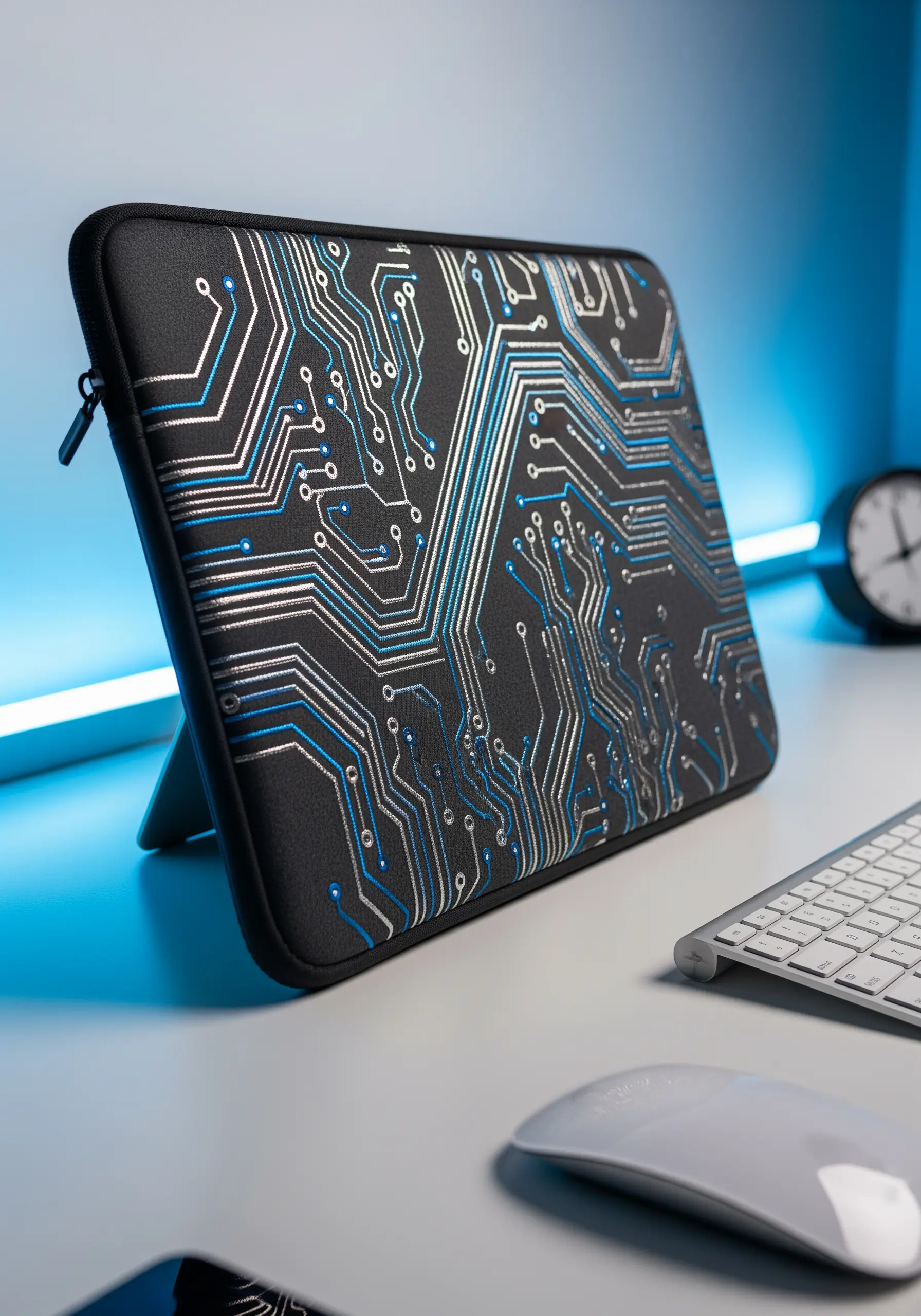 A black laptop sleeve embroidered with a complex, metallic silver and blue circuit board pattern.