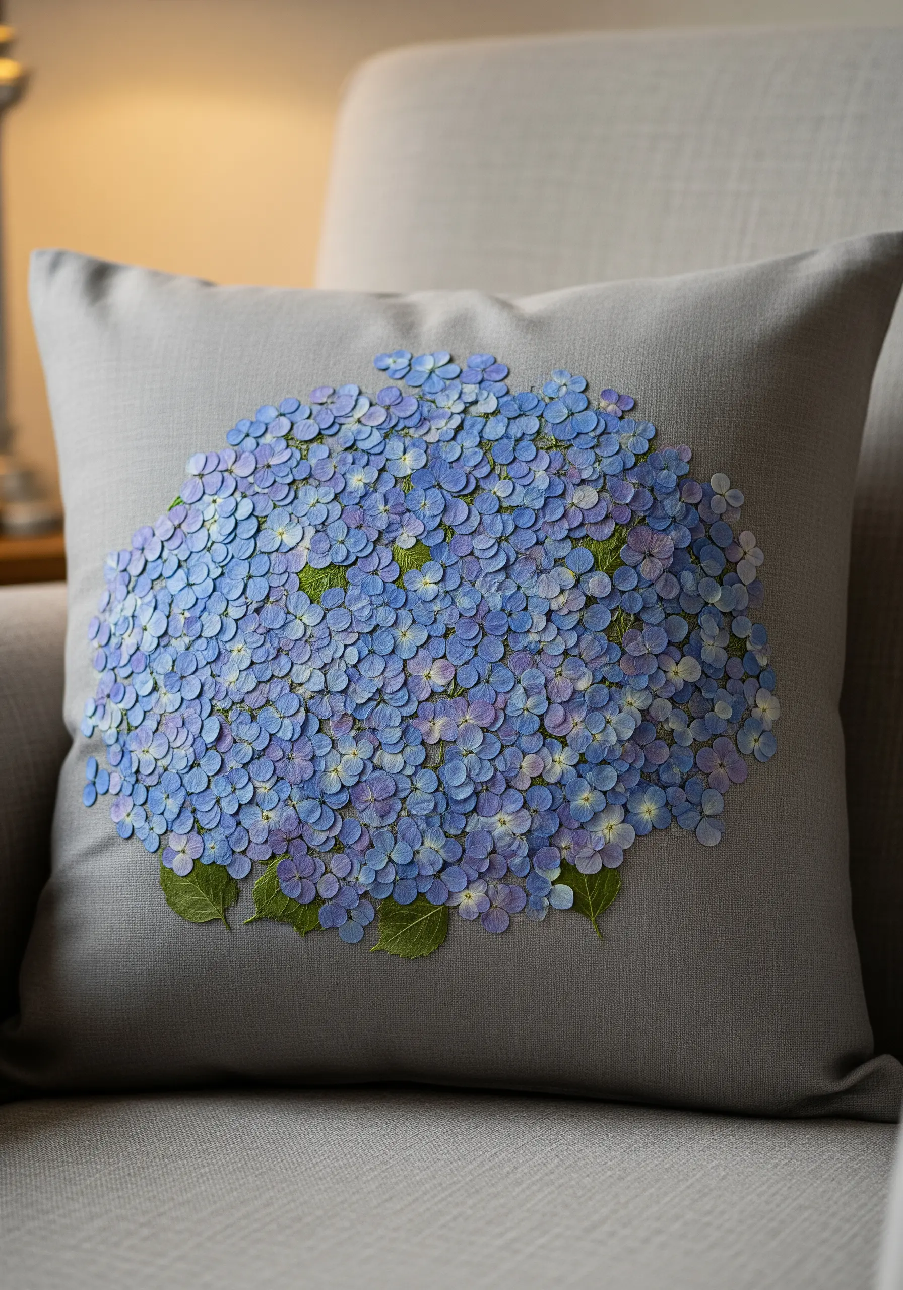 A dense cluster of pressed blue and purple hydrangea flowers stitched onto a grey cushion.