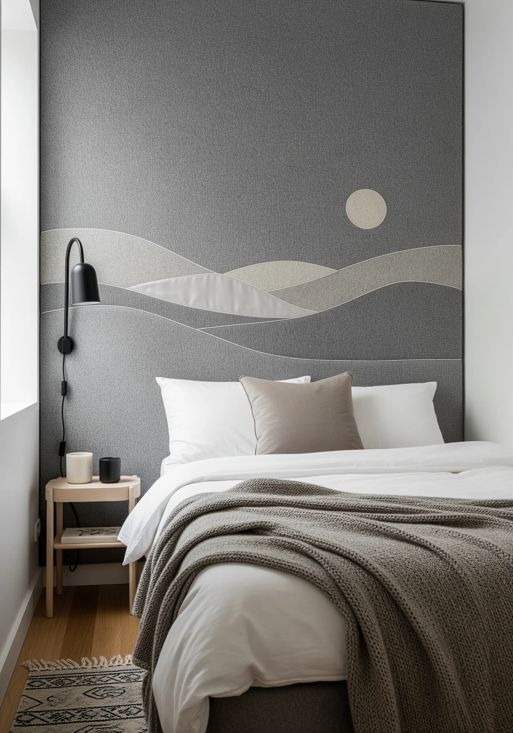 A fabric headboard with an appliquéd abstract landscape in shades of grey and cream