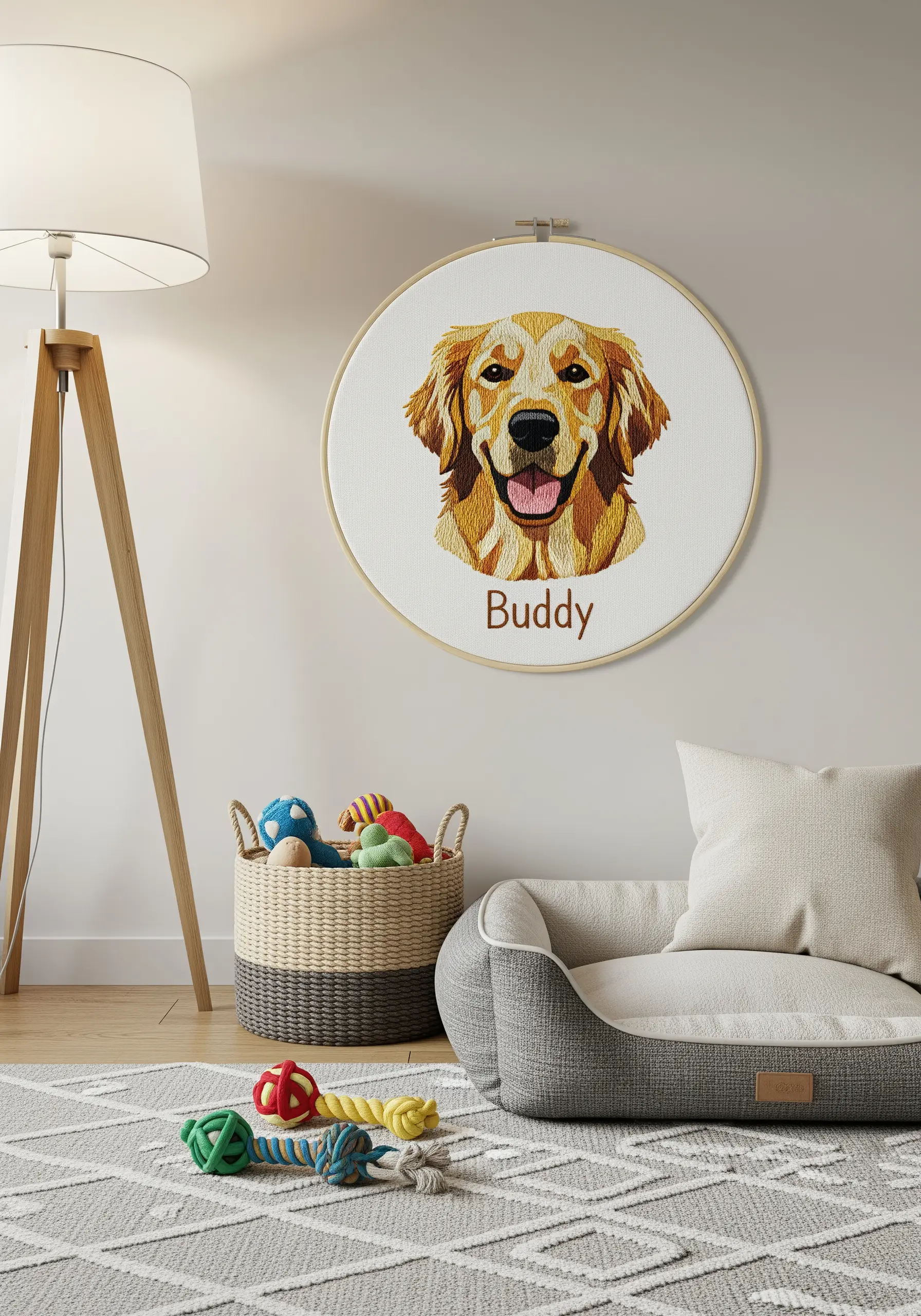 A realistic thread-painted portrait of a golden retriever in an embroidery hoop.