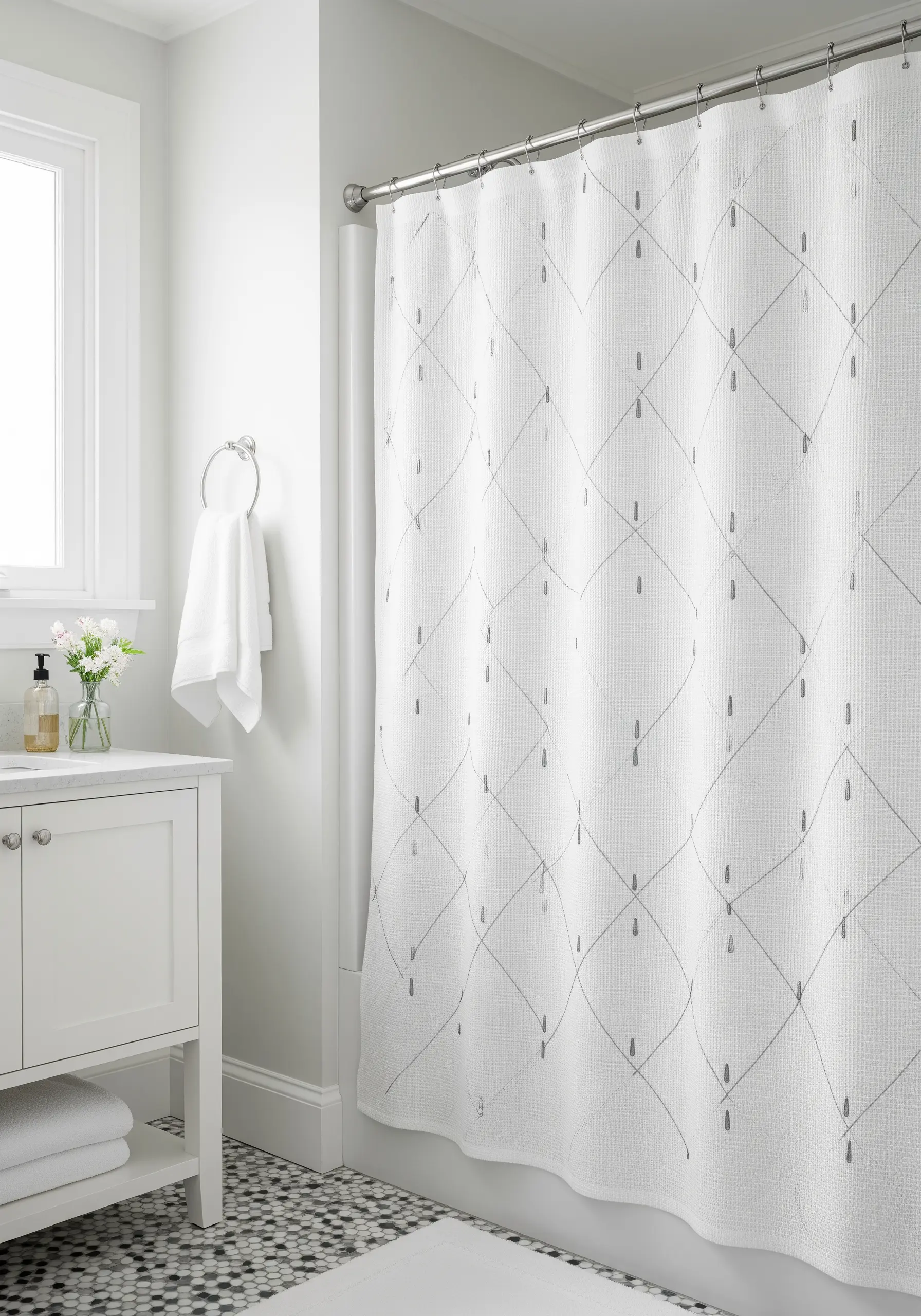 A subtle geometric diamond pattern with small tassels embroidered on a white shower curtain.