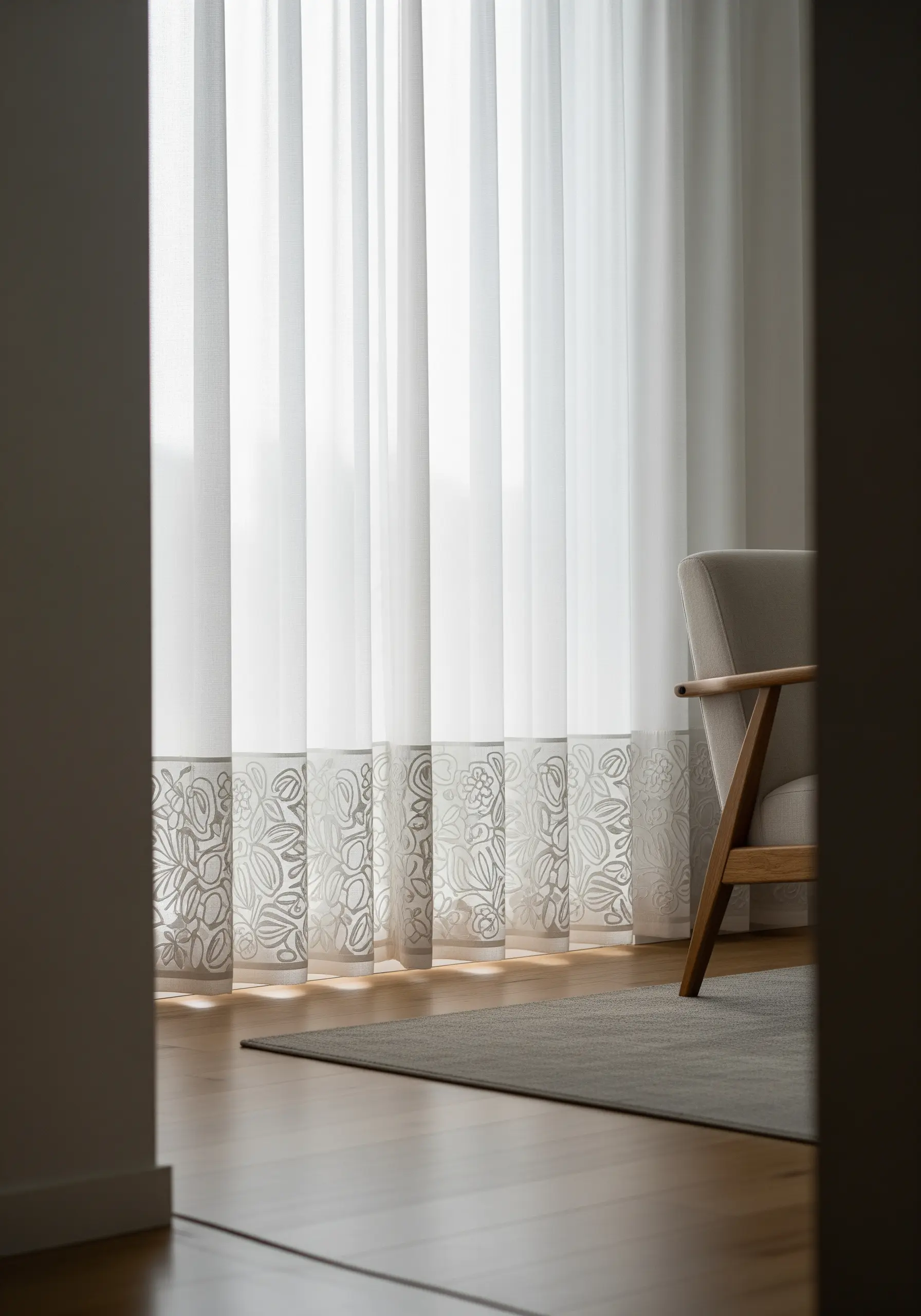 Sheer white curtains with a dense, tone-on-tone white embroidered botanical pattern on the bottom.