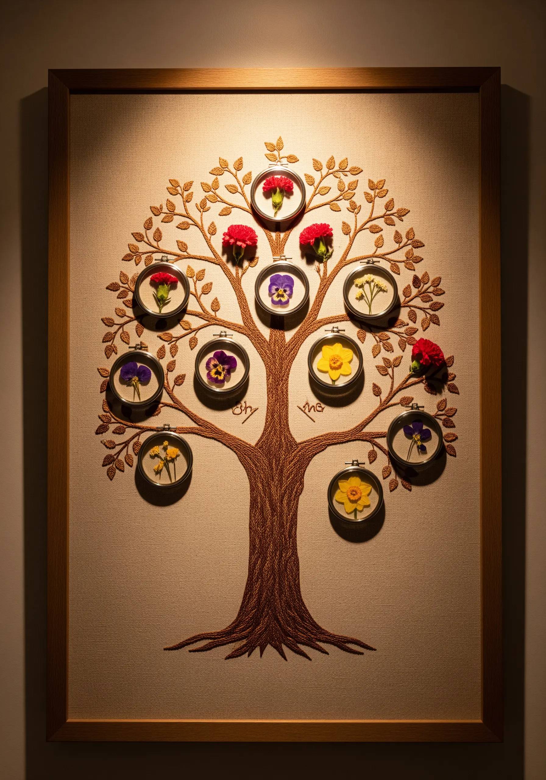 An embroidered family tree with miniature hoops framing individual pressed flowers on its branches.