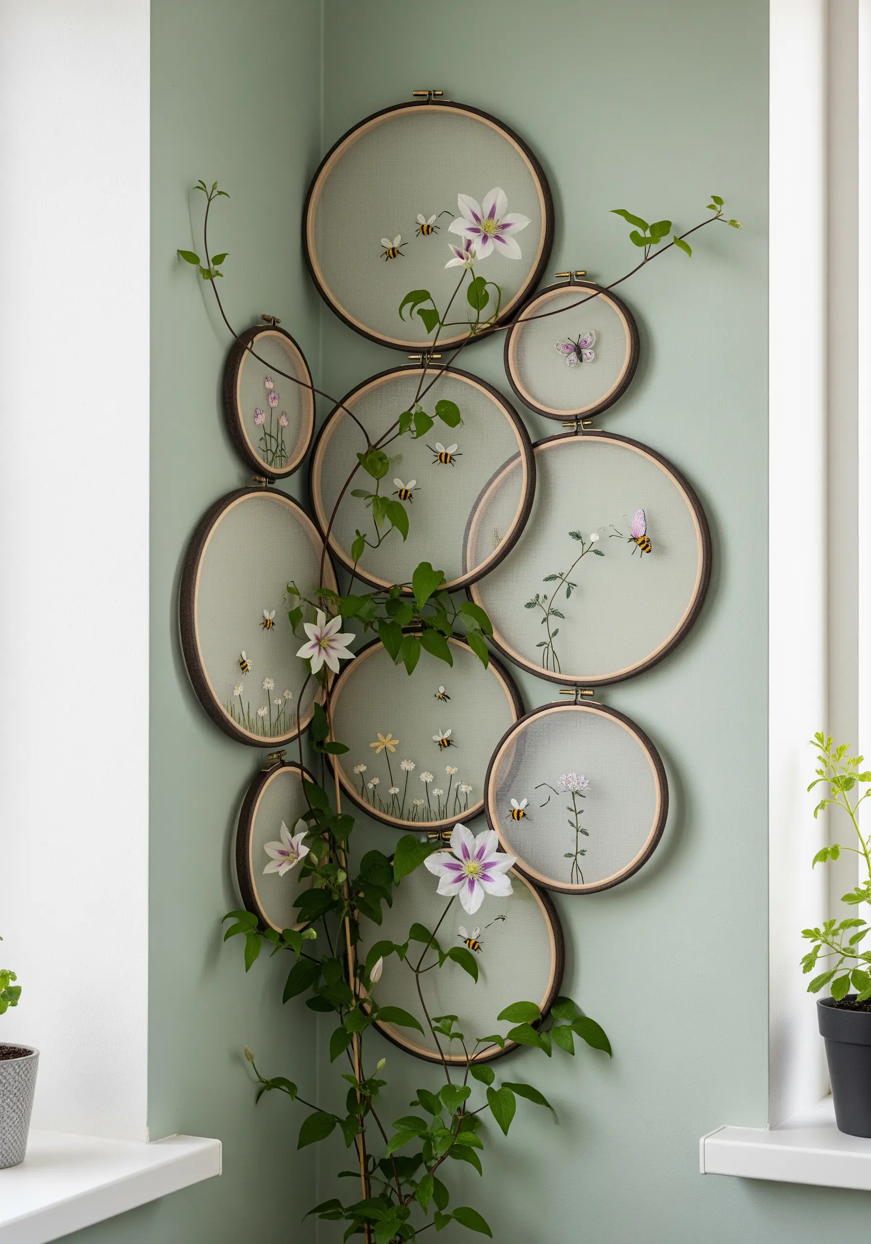 A wall display of embroidered hoops acting as a trellis for a real climbing plant.
