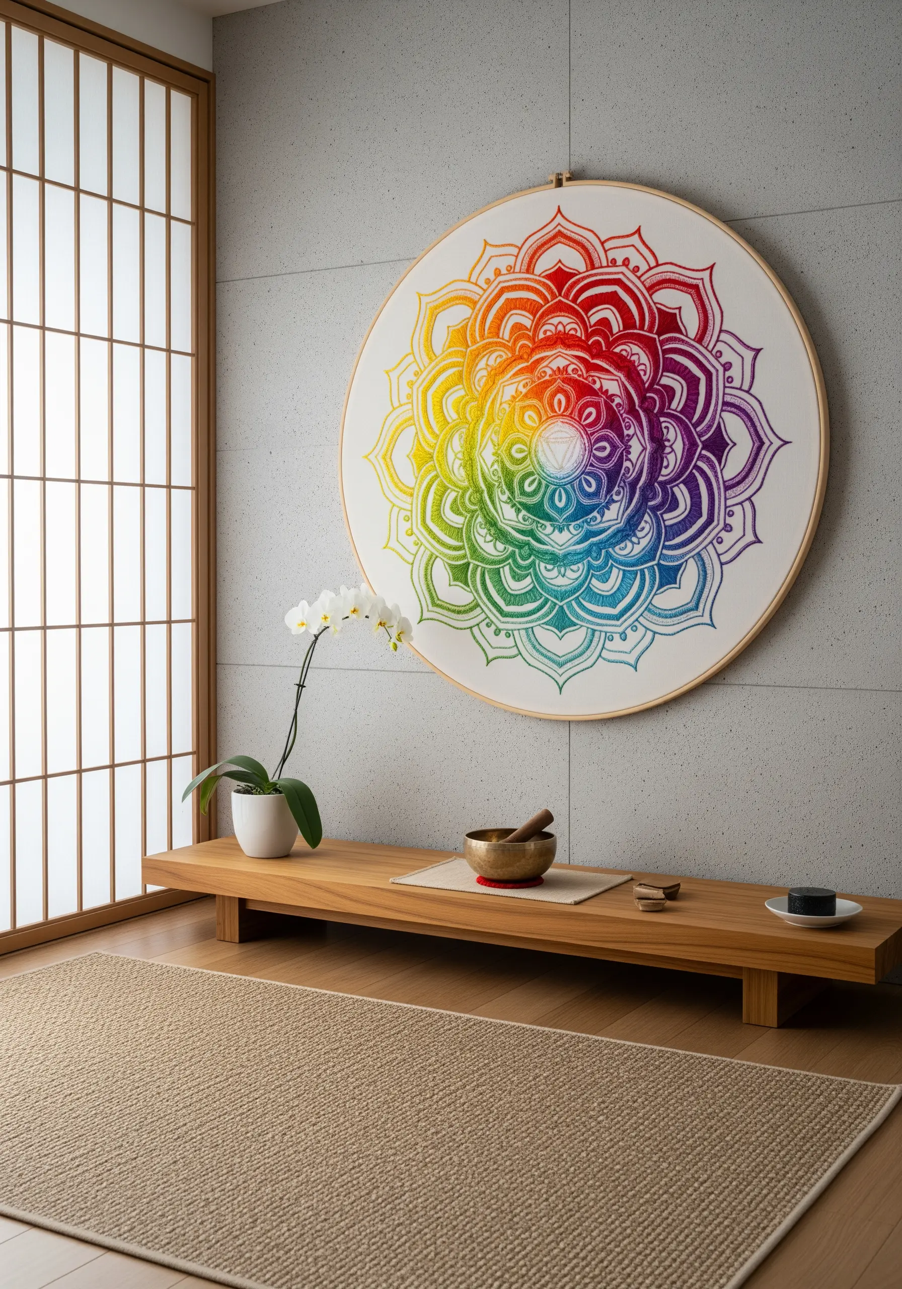 Oversized embroidery hoop with a rainbow gradient mandala design in a meditation room.