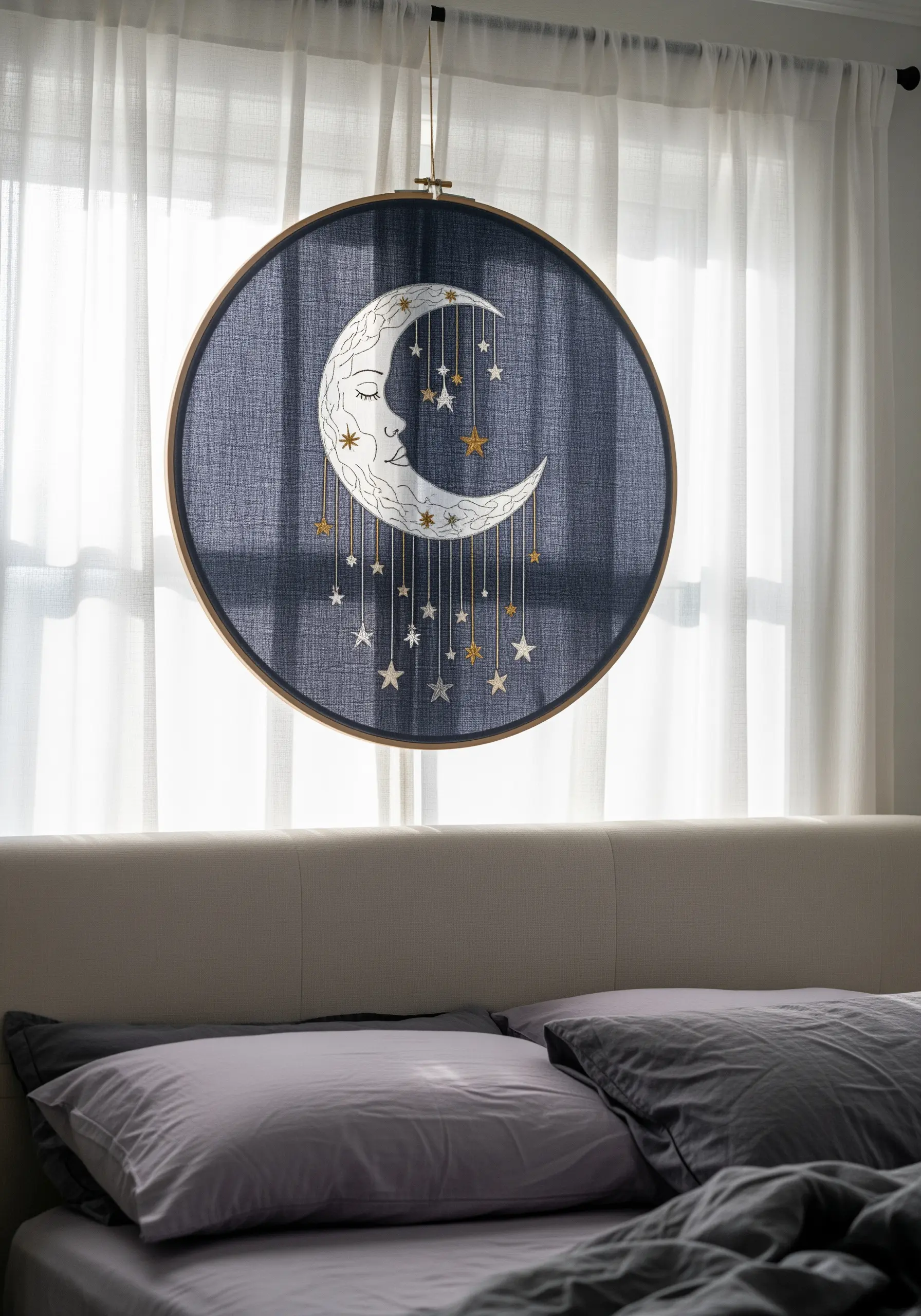 A crescent moon embroidered in a large hoop with hanging star charms over a bed.