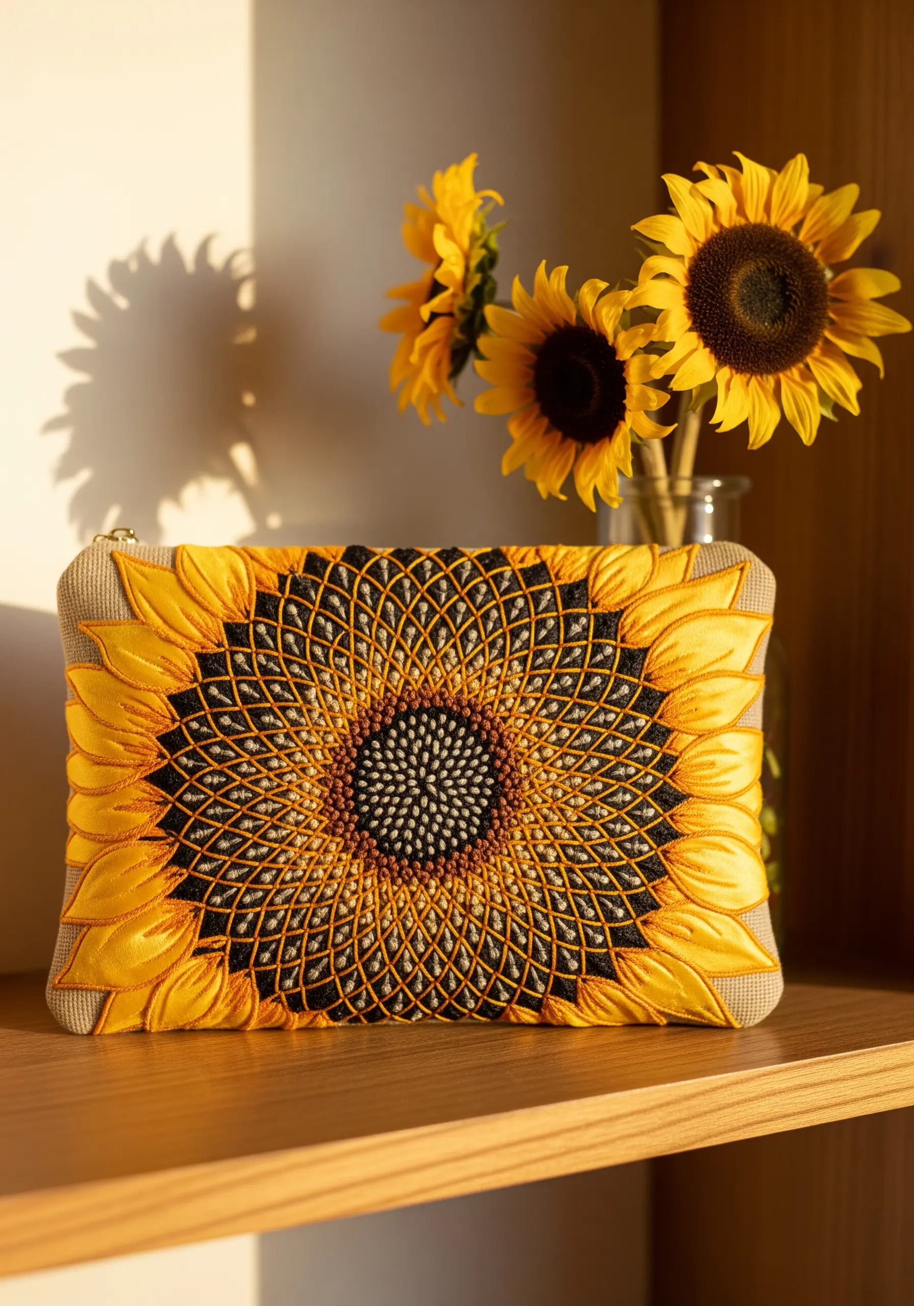 Embroidered sunflower pouch with geometric seed texture and glossy yellow petals.