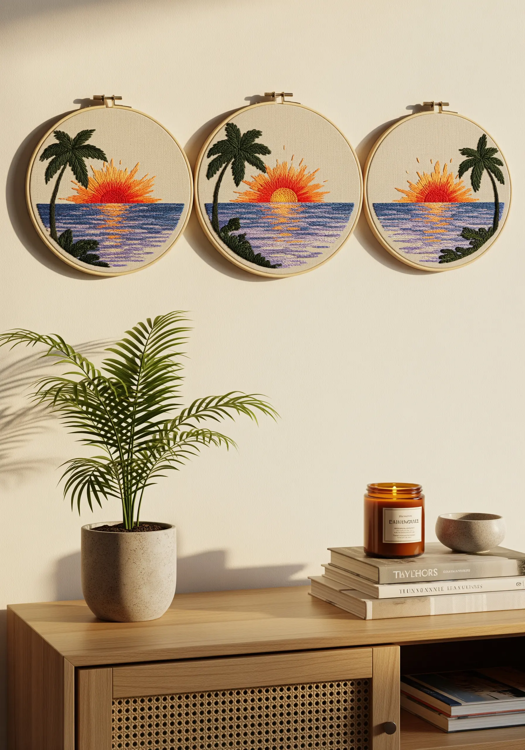 Triptych of embroidered hoops showing a sunset over the ocean with palm trees.