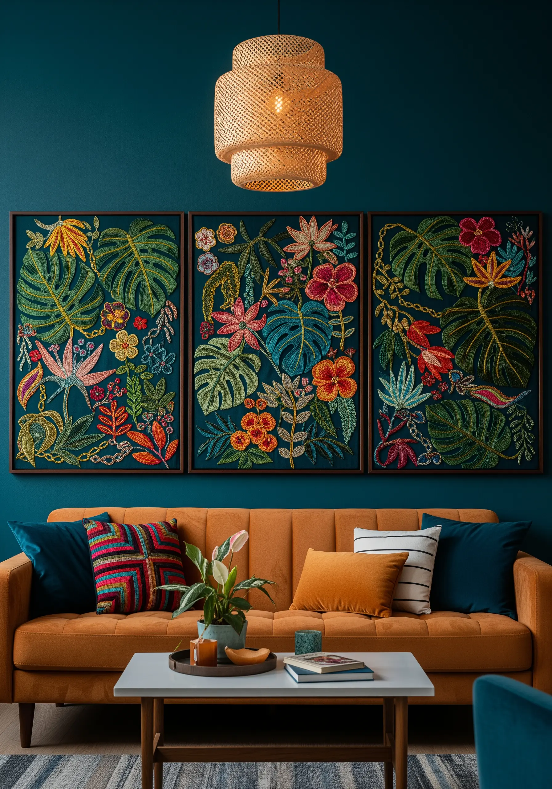 A triptych of framed embroidered panels with vibrant tropical flowers and leaves