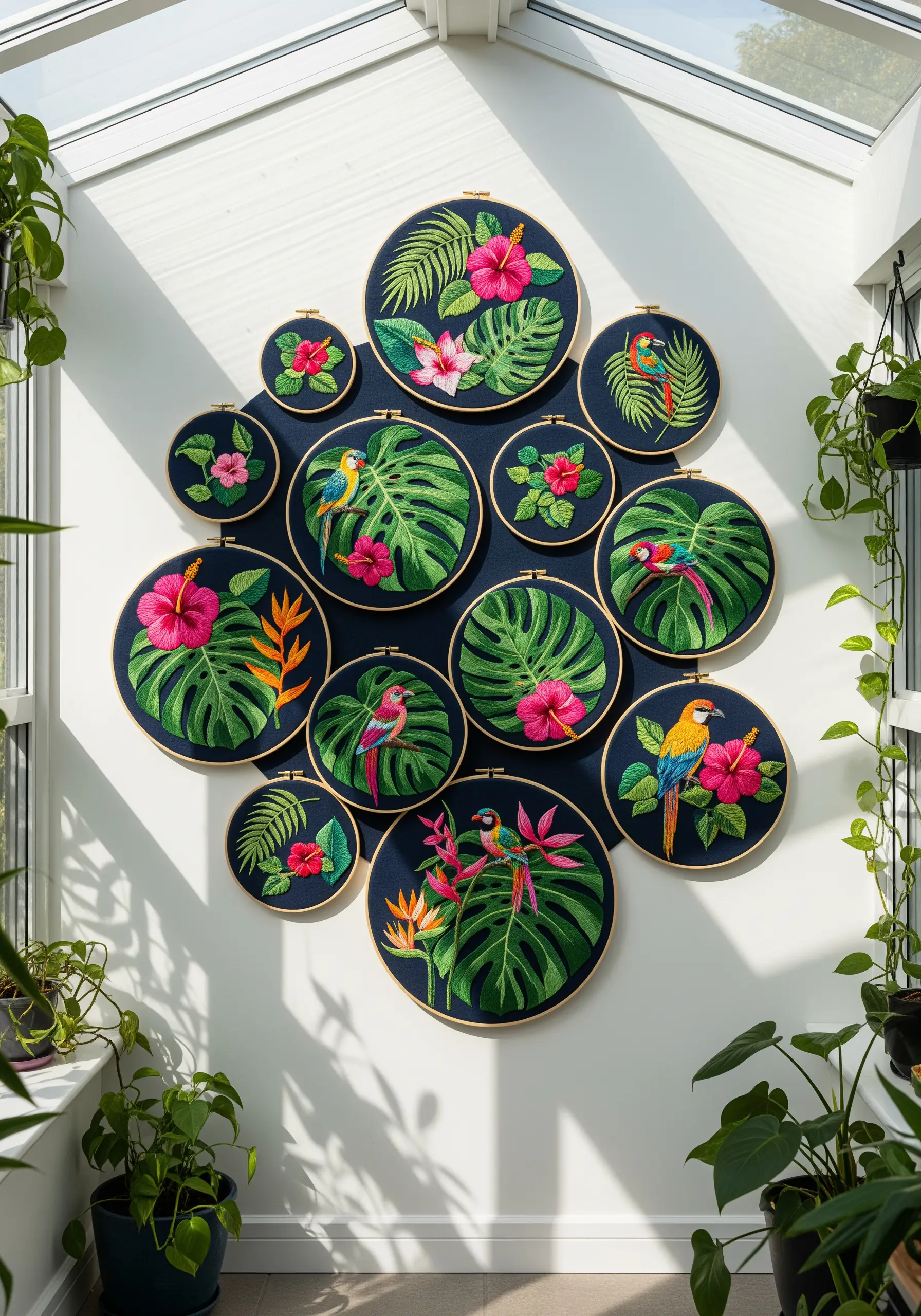 A dense arrangement of embroidery hoops with vibrant tropical leaves, flowers, and parrots on navy fabric.