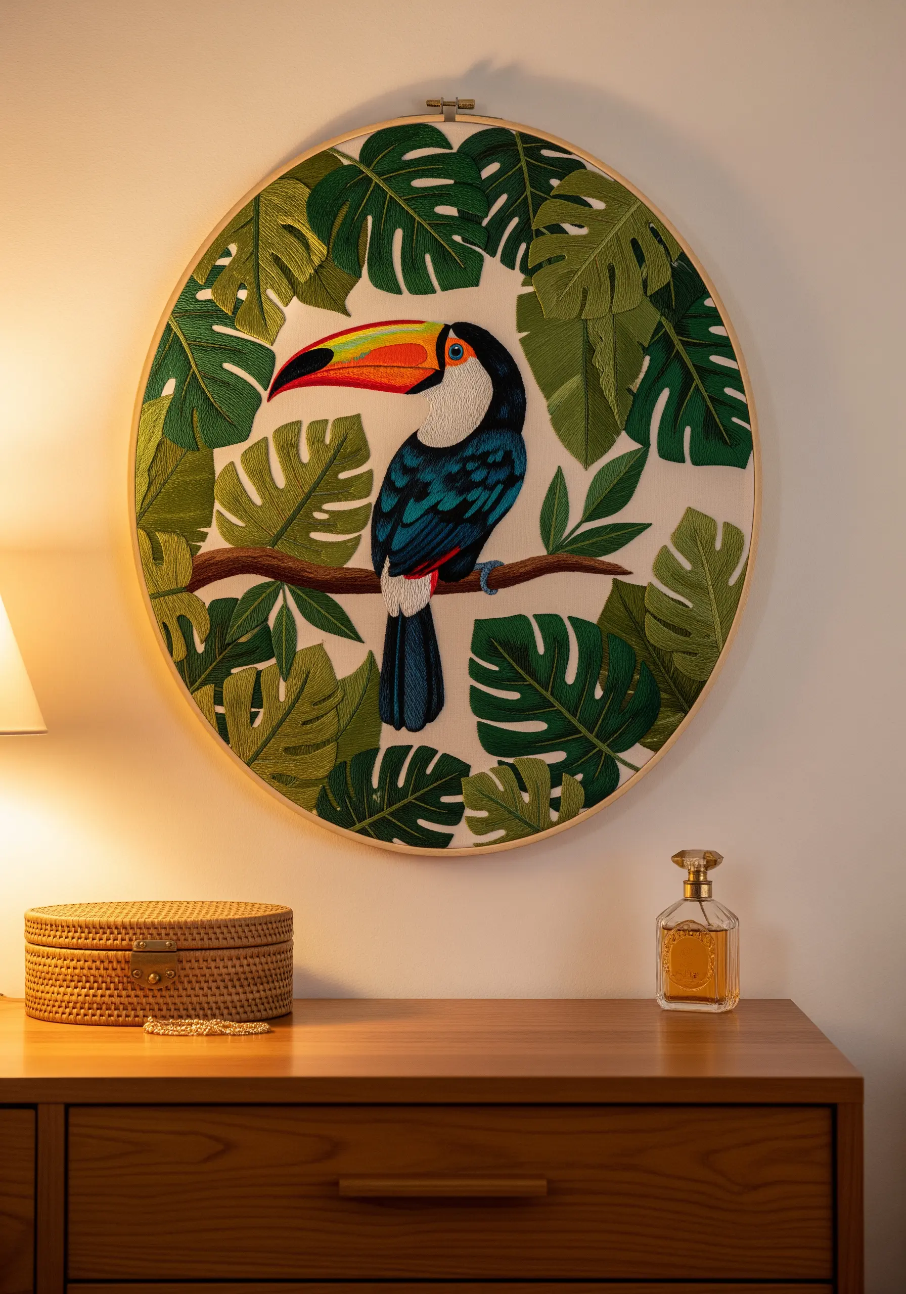 A large embroidery hoop with a colorful toucan perched among dense, green tropical leaves.