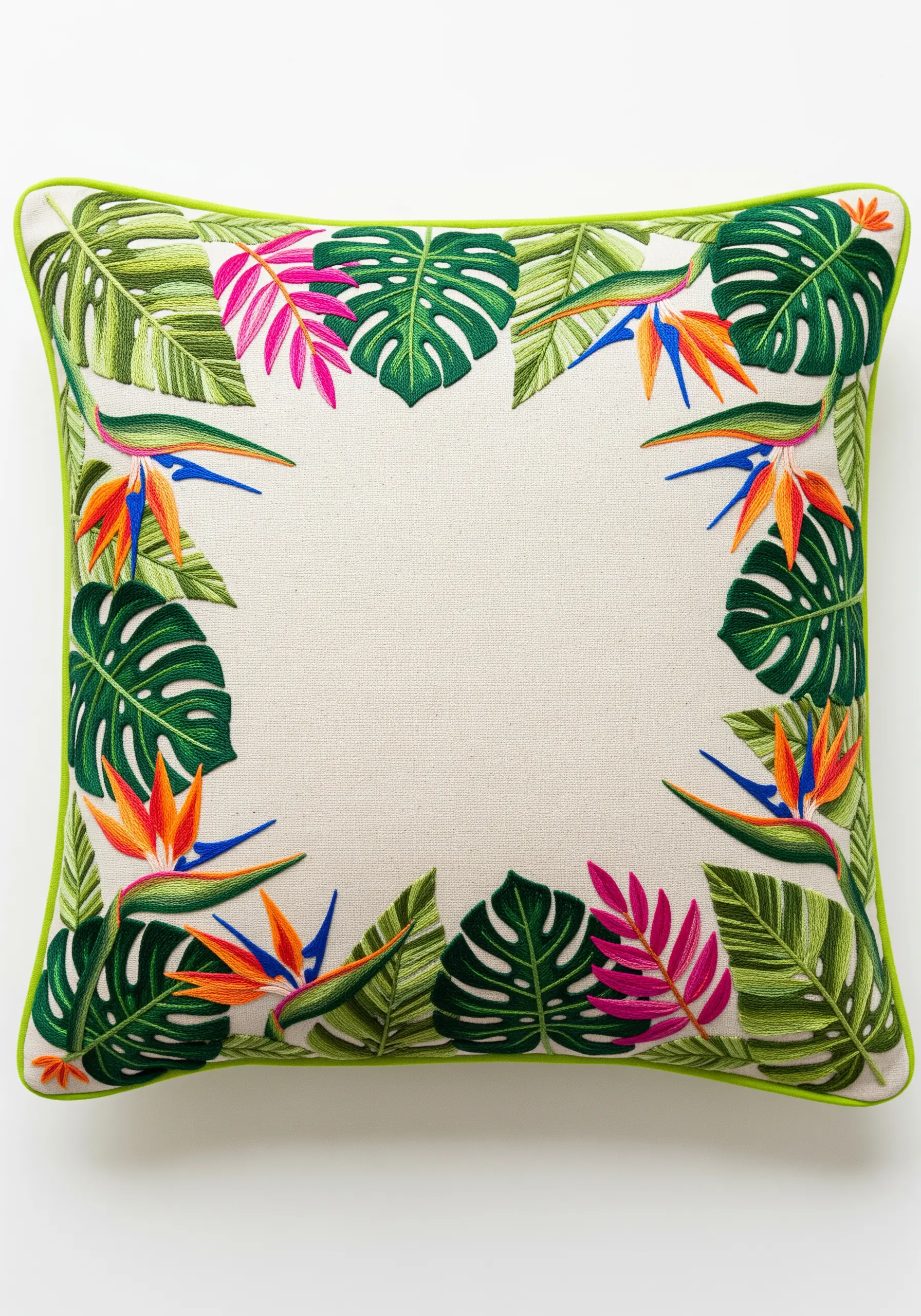 A lush border of embroidered monstera leaves and bird of paradise flowers