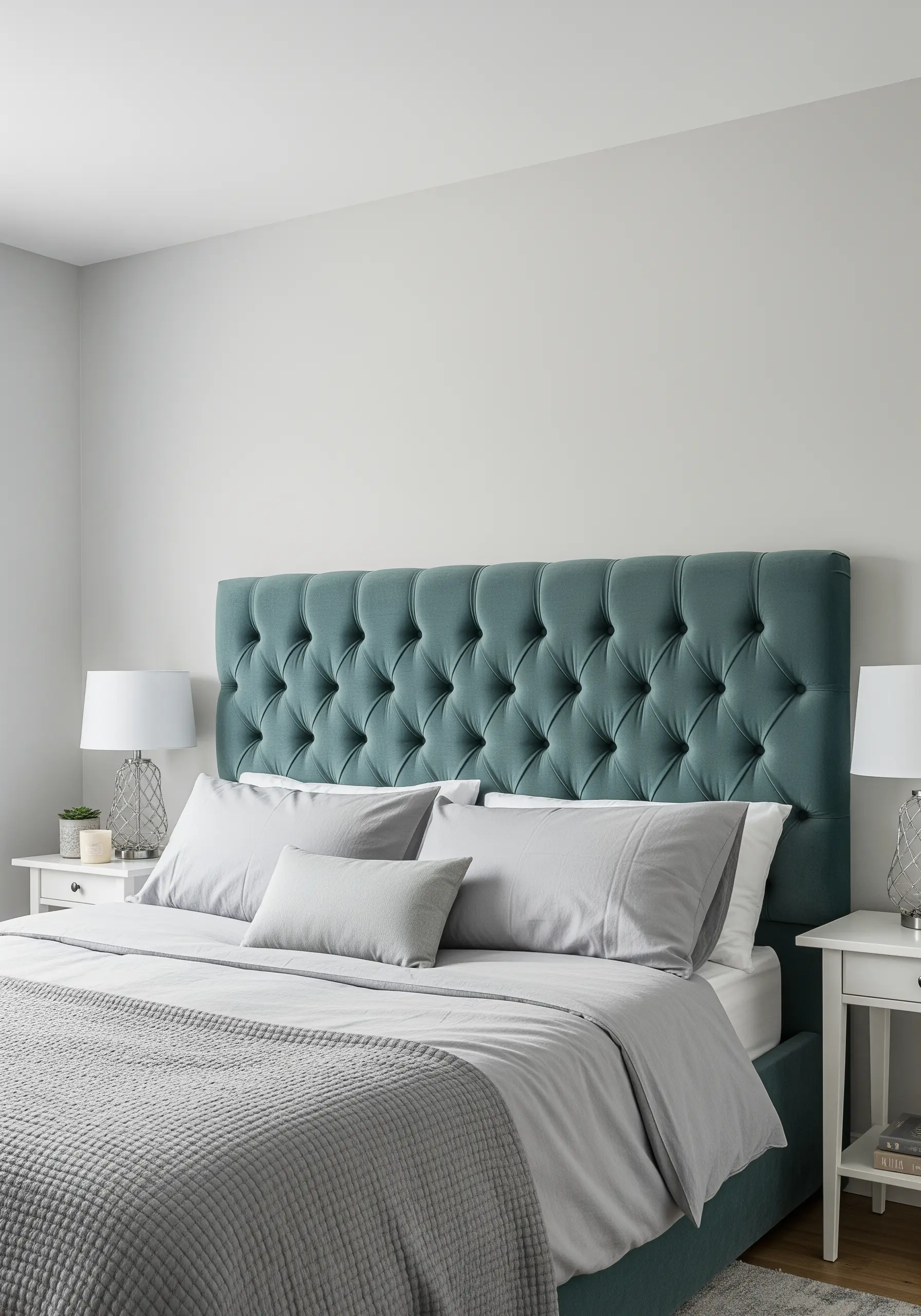 A deep teal, diamond-tufted velvet headboard on a bed with grey and white linens.